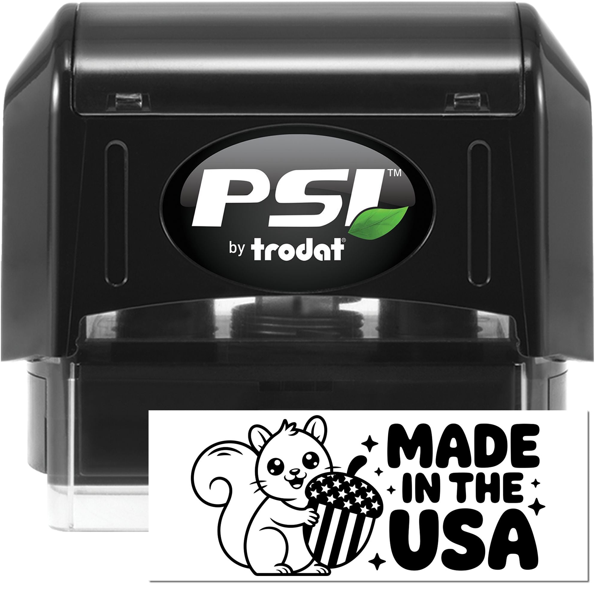 PSI by Trodat self-inking rubber stamp with custom Made in the USA squirrel and popcorn design for branding and packaging.