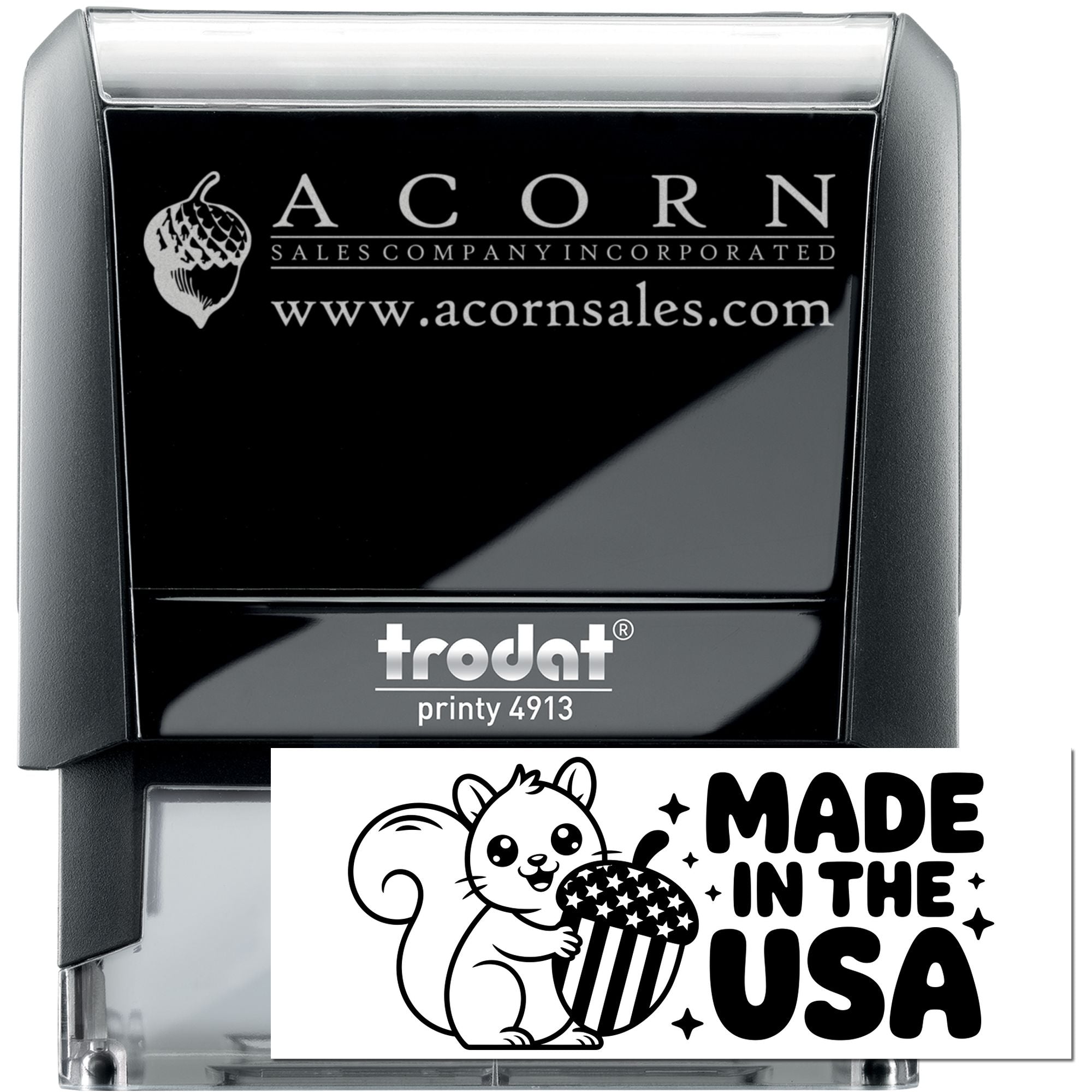 Custom self-inking rubber stamp for Acorn Sales Company, Trodat Printy 4913, with logo and website imprint.