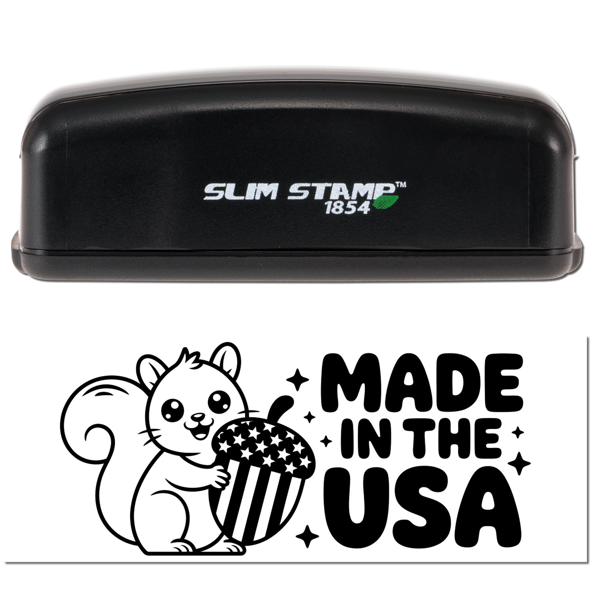 Slim Stamp 1854 rubber stamp with squirrel and Made in the USA imprint design for custom packaging or craft branding.