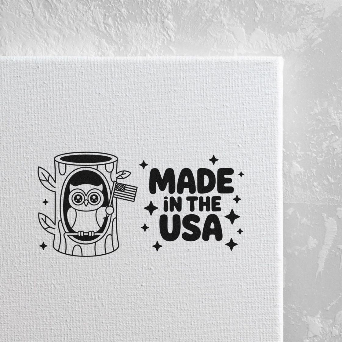 Made in the USA owl rubber stamp design with tree stump and flag, perfect for patriotic crafts and product packaging.