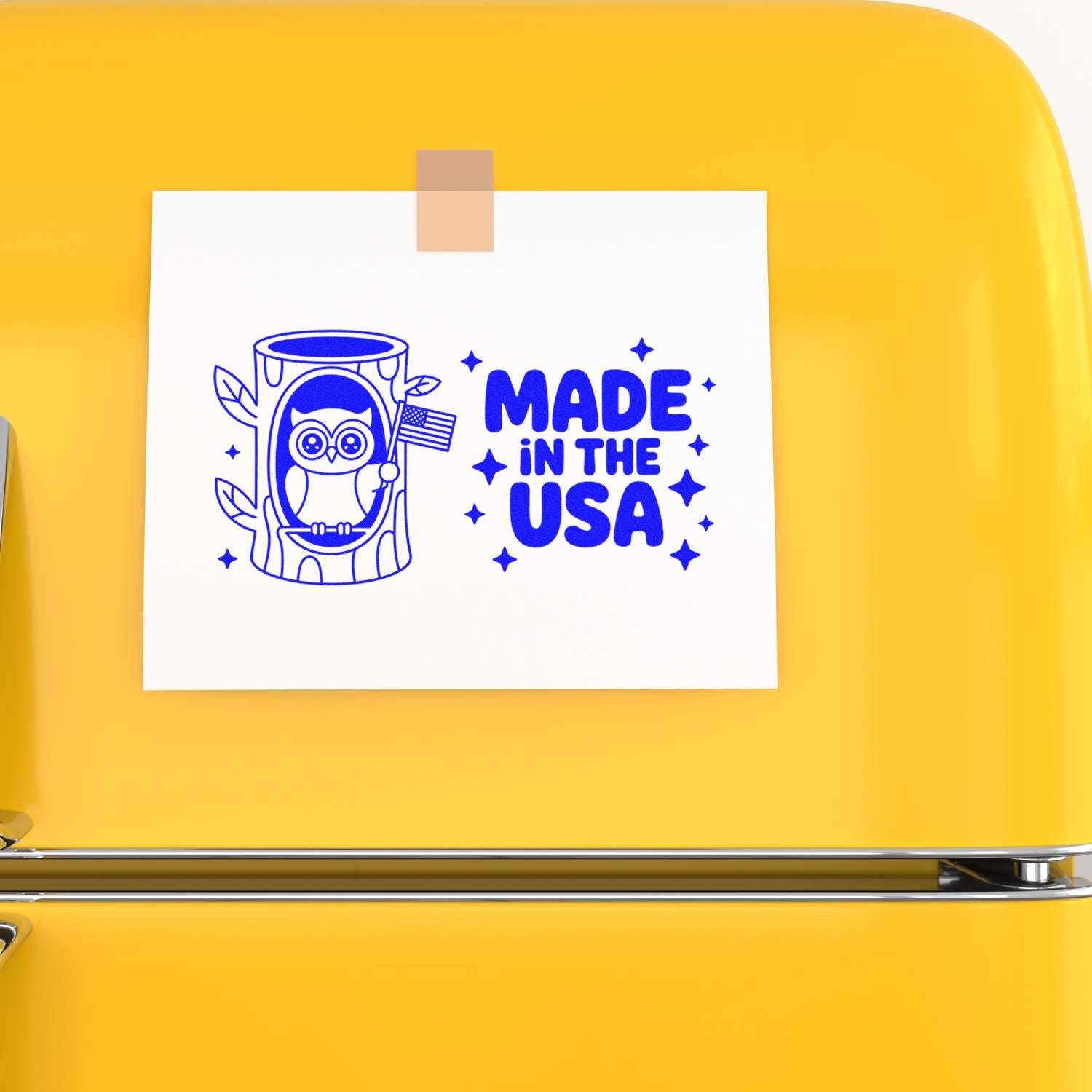 Made in the USA rubber stamp design with owl and American flag, perfect for patriotic handmade products and craft branding.