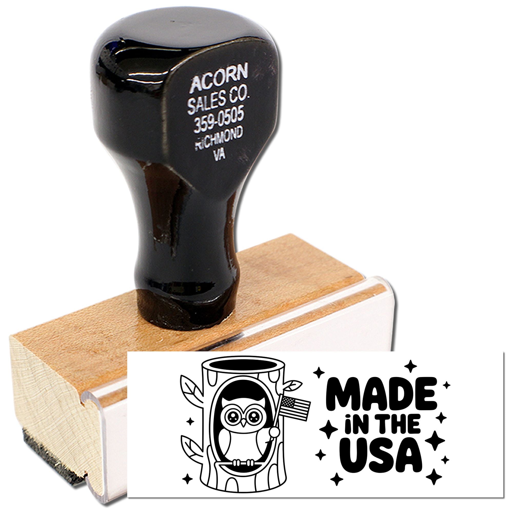 Custom wooden rubber stamp with Made in USA owl design for patriotic branding, crafts, and business use.