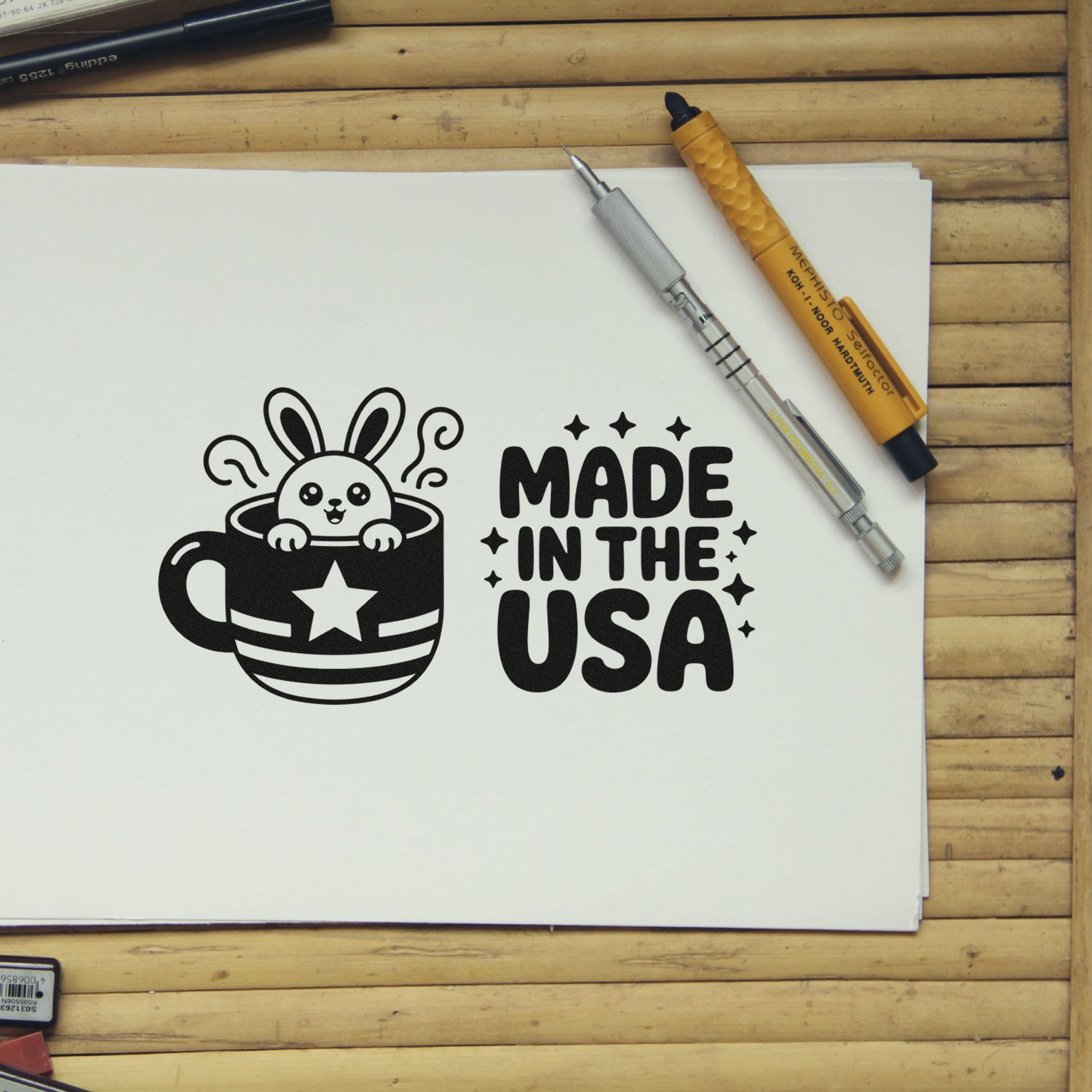 Custom rubber stamp design with Made in the USA bunny graphic on paper, shown with drafting tools.