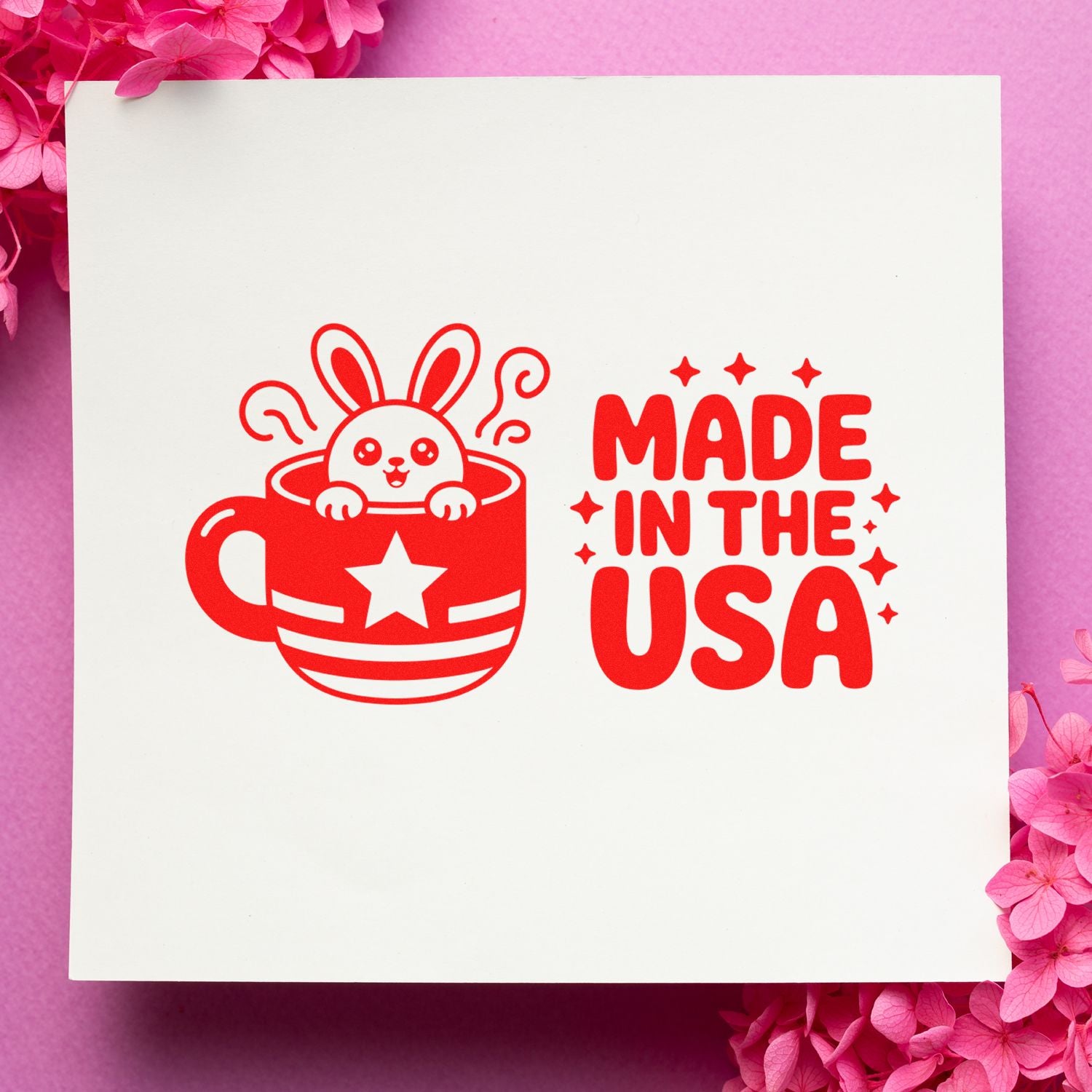 Made in the USA rubber stamp design with bunny in a teacup, ideal for patriotic handmade crafts and packaging.