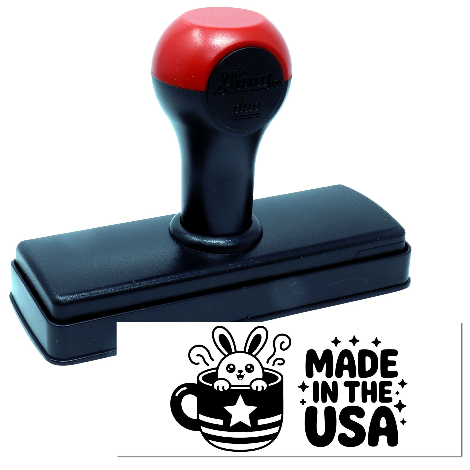 Custom self-inking rubber stamp with Made in the USA bunny logo design for product branding.