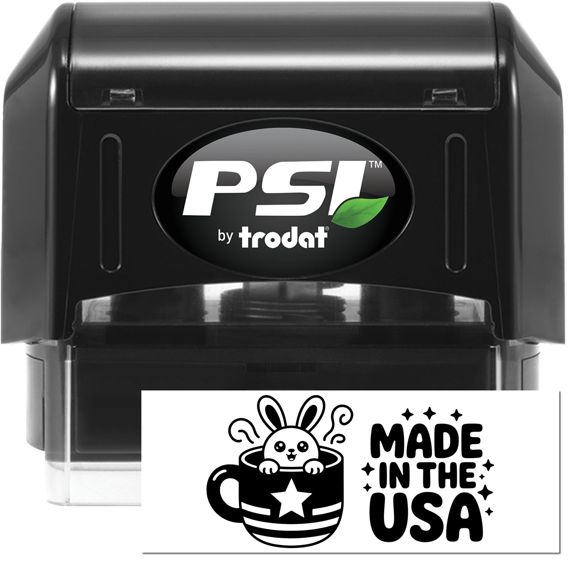 PSI by Trodat self-inking rubber stamp with custom Made in the USA bunny teacup imprint