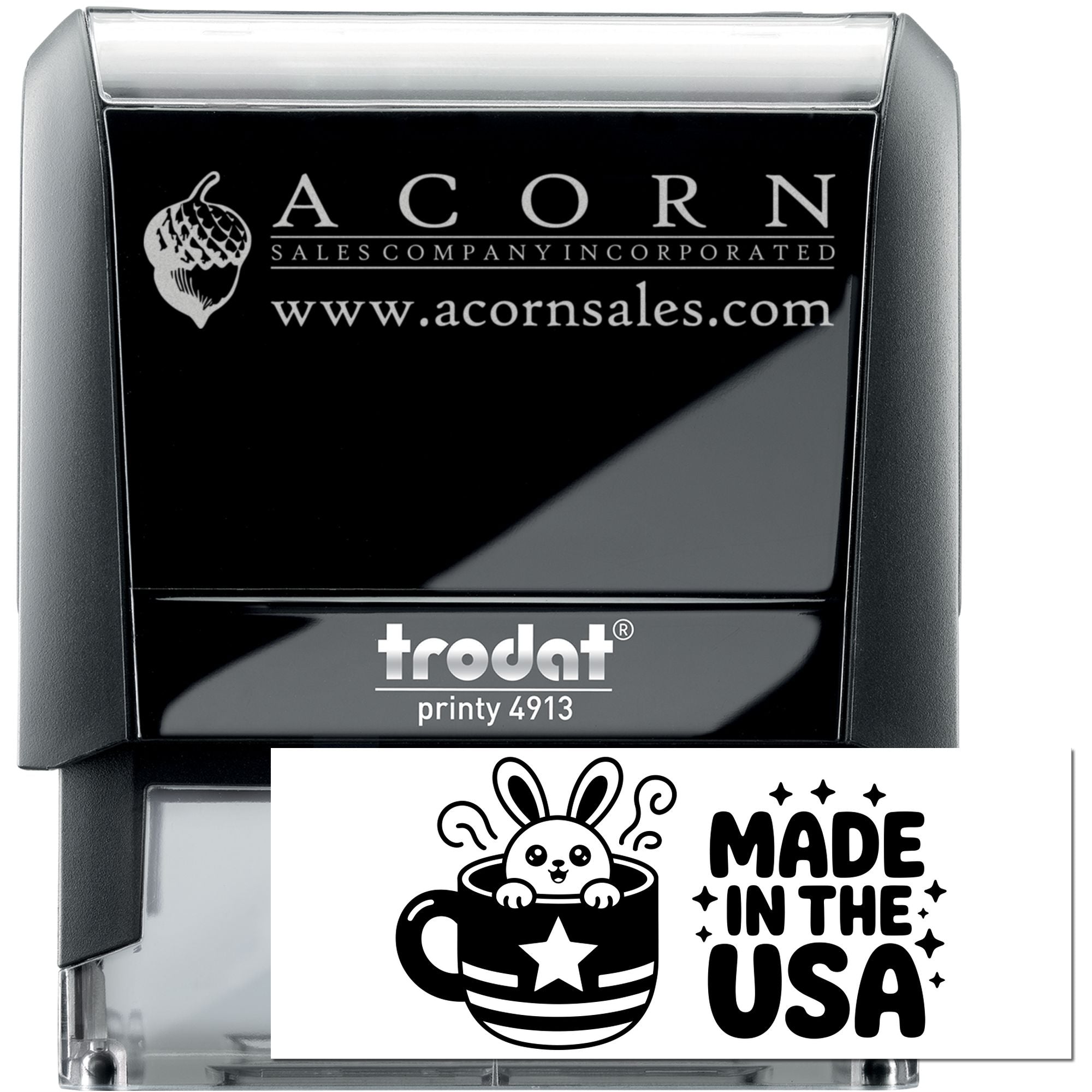Custom self-inking rubber stamp with Acorn Sales logo and Made in the USA design, Trodat Printy 4913.