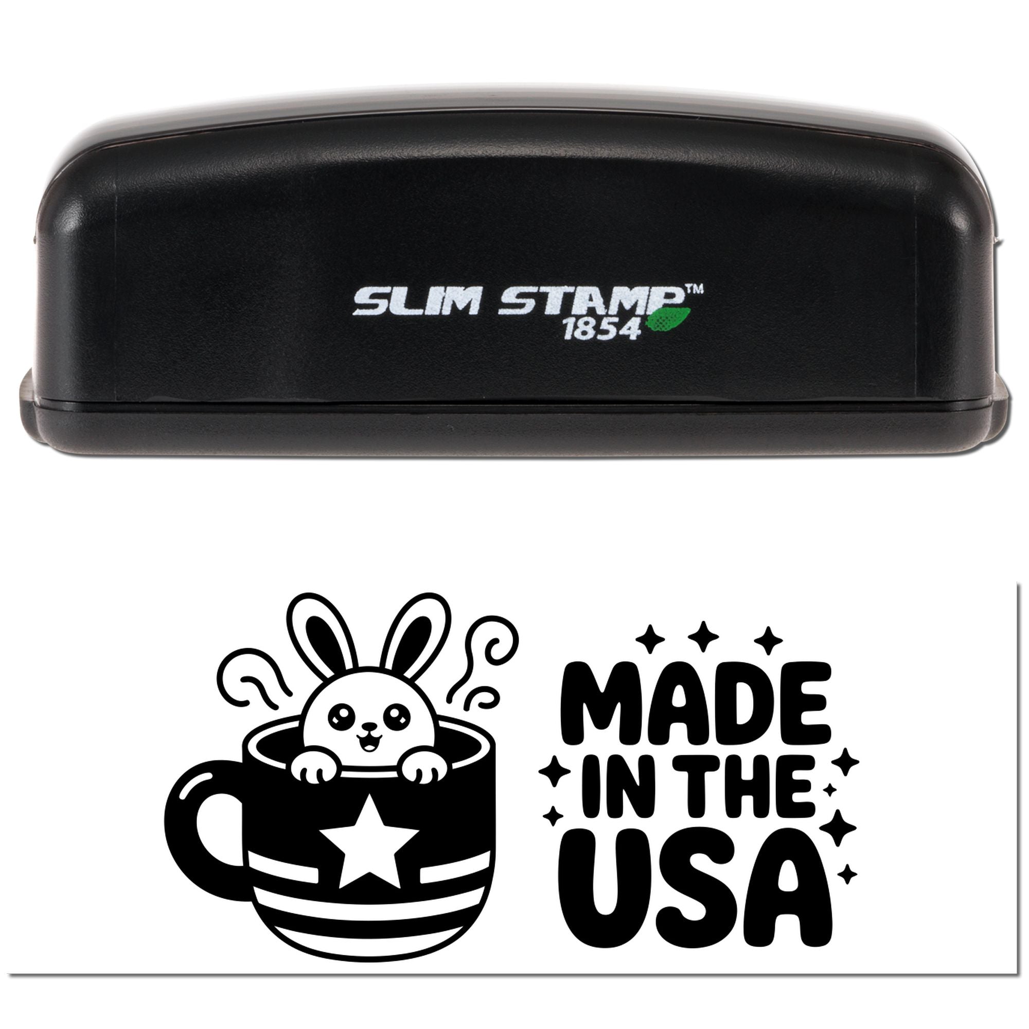 Slim Stamp 1854 self-inking rubber stamp with cute bunny mug design and Made in the USA text