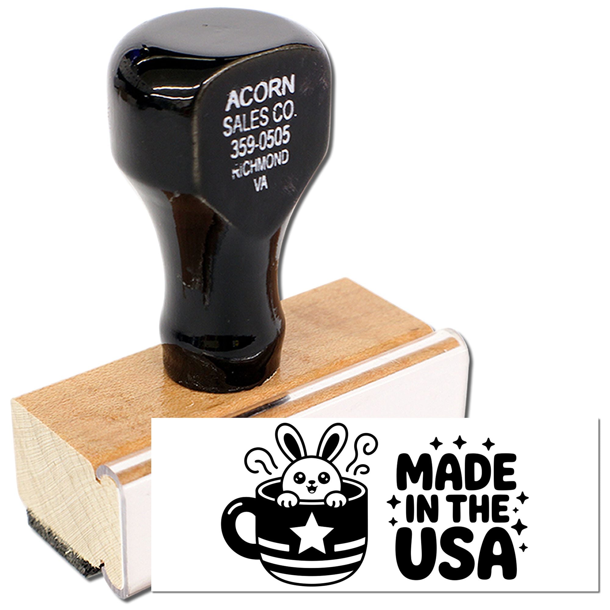 Custom wood handle rubber stamp with personalized business address and Made in the USA bunny cup design preview