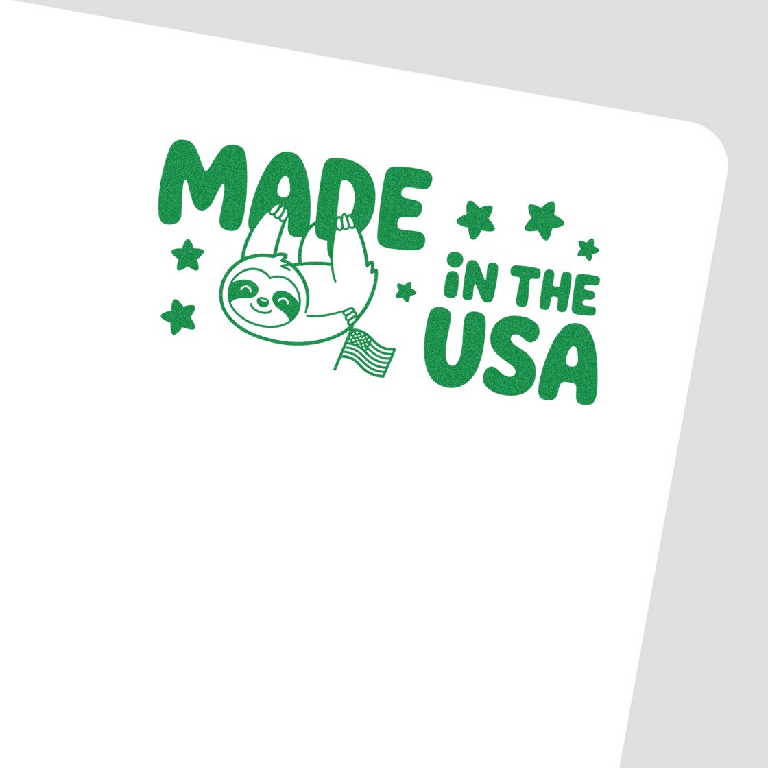 Made in the USA rubber stamp design with sloth graphic, stars, and patriotic branding.