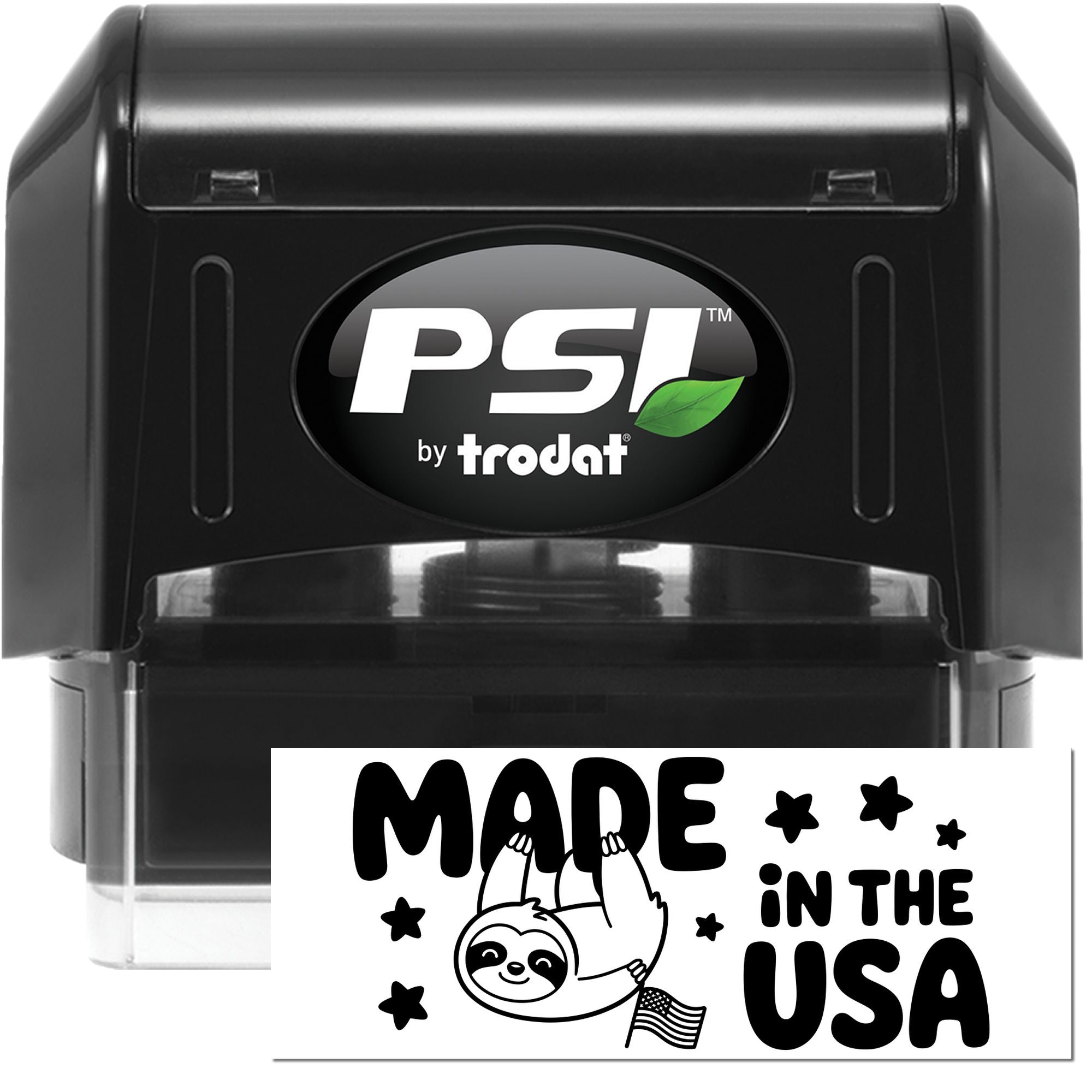 PSI by Trodat self-inking rubber stamp with custom Made in the USA sloth design for patriotic packaging and crafts