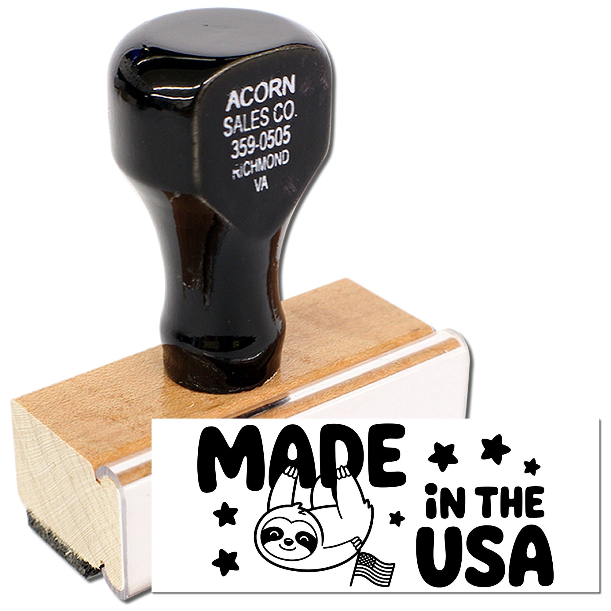 Made in the USA rubber stamp with wooden handle for custom packaging and product branding.