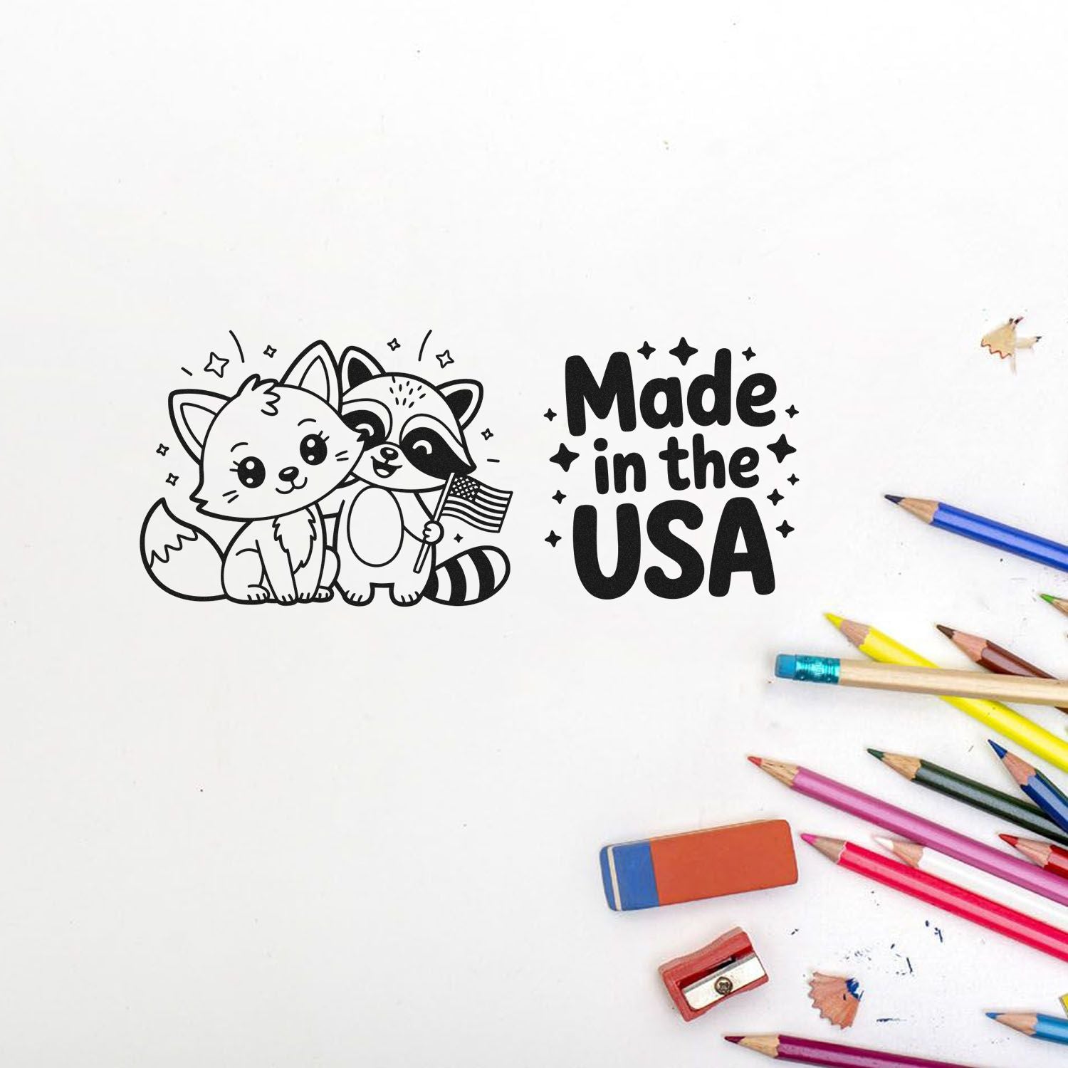 Made in the USA custom rubber stamp design with cute fox and raccoon, perfect for patriotic handmade crafts.