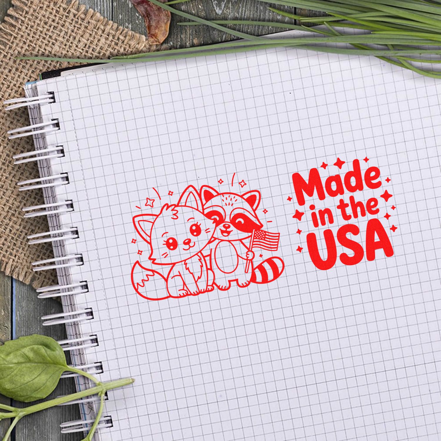 Made in the USA rubber stamp design with cute patriotic fox and raccoon holding an American flag for handmade crafts.