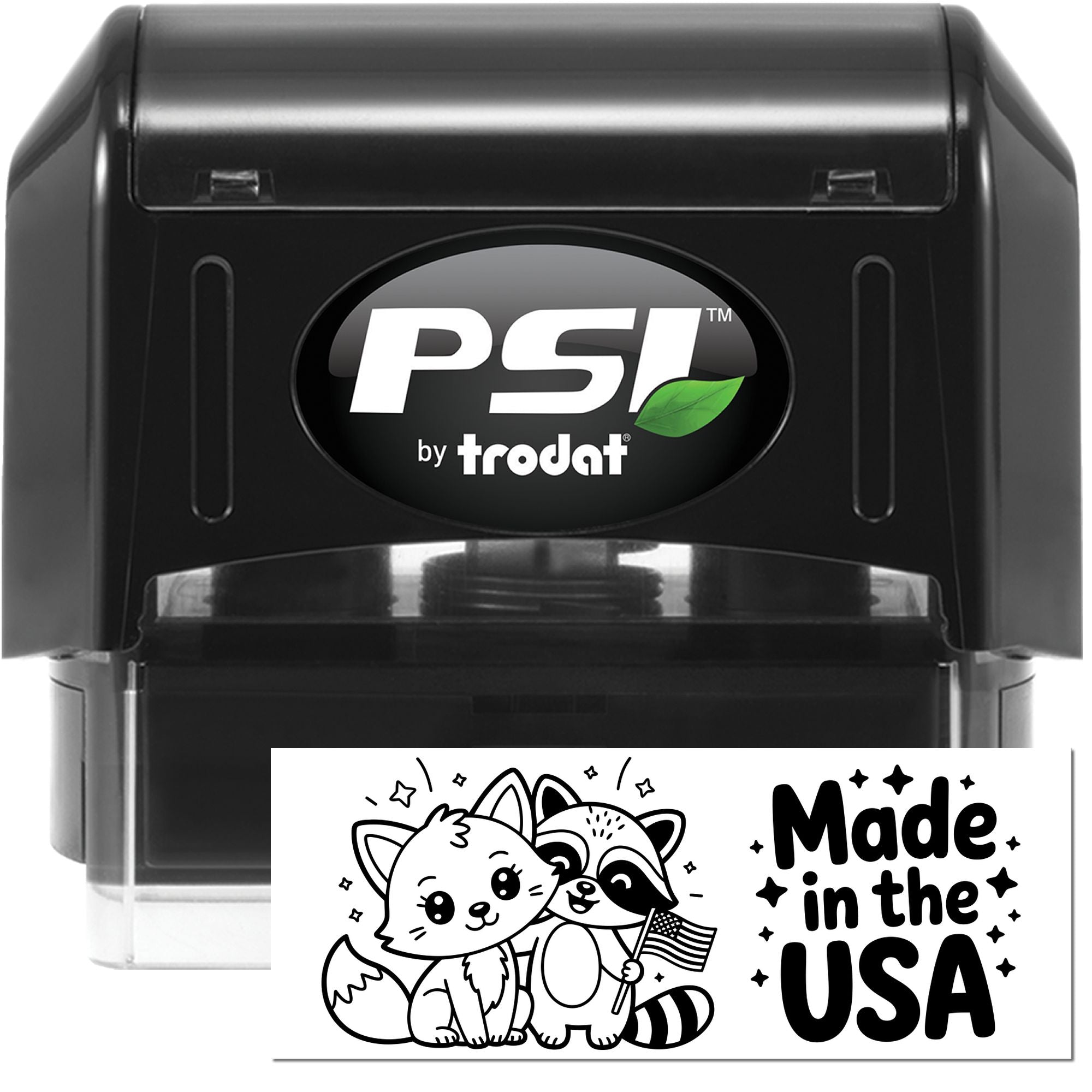 PSI by Trodat self-inking rubber stamp showcasing a custom Made in the USA design with cute animals and bold text