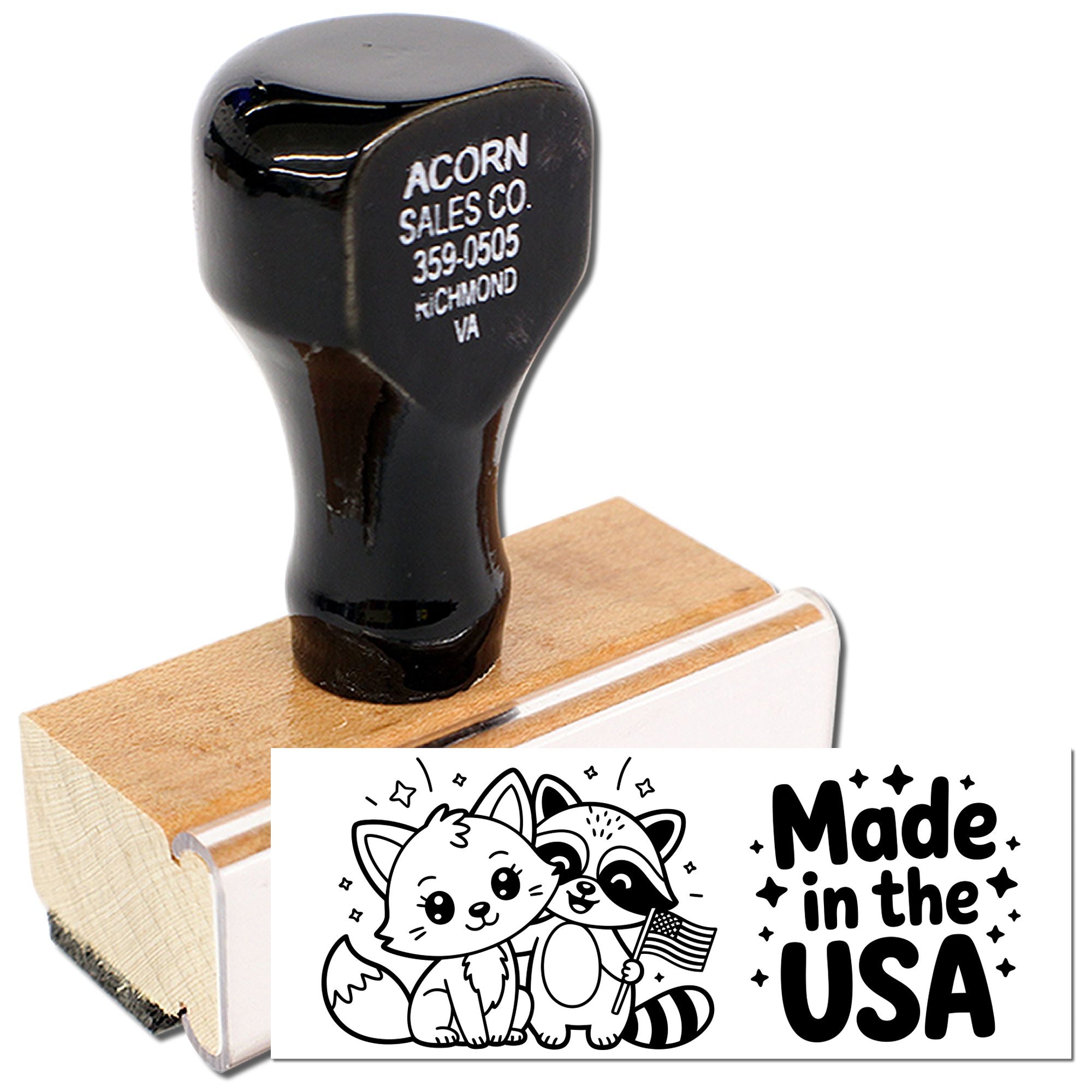 Custom wood rubber stamp with Made in the USA imprint, ideal for craft projects, packaging, and business branding.