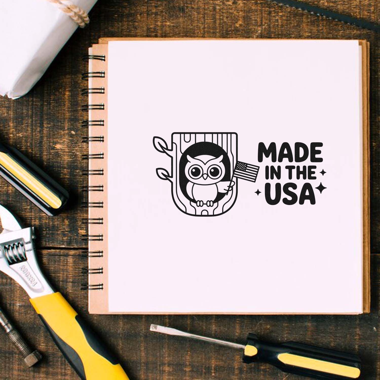 Custom rubber stamp design with owl and Made in the USA logo on a notebook, ideal for handmade craft branding.