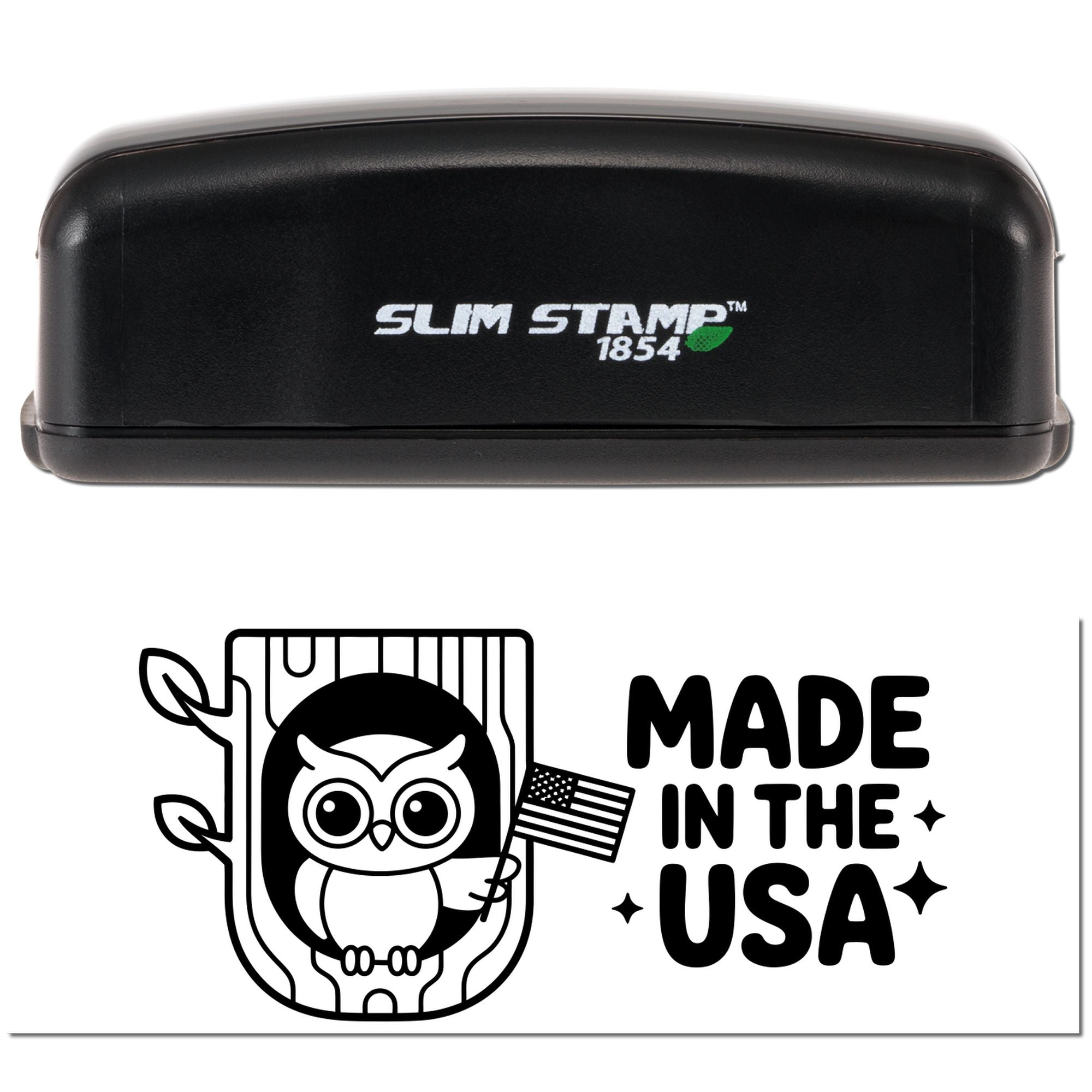 Slim Stamp 1854 custom rubber stamp showing owl design and Made in the USA imprint