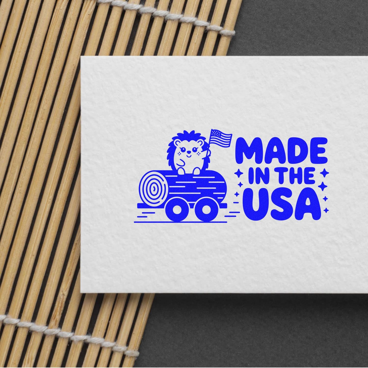 Made in the USA custom rubber stamp design with hedgehog and flag, perfect for patriotic packaging and handmade product branding.