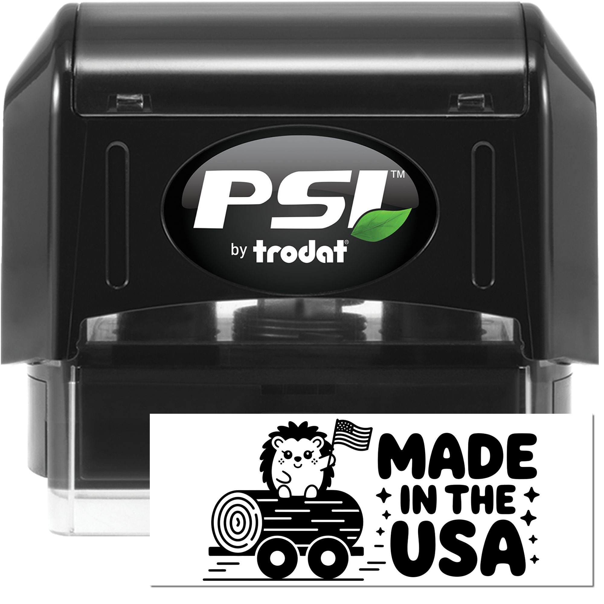 PSI by Trodat self-inking rubber stamp showing a Made in the USA design for patriotic branding and custom packaging.