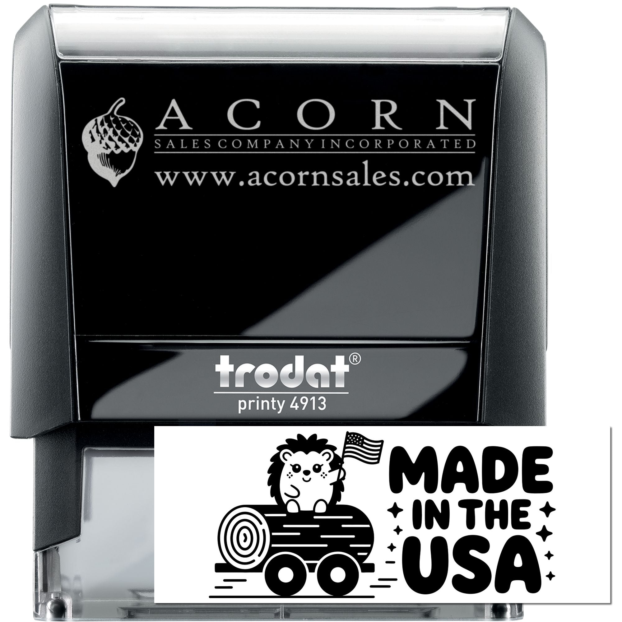 Custom logo rubber stamp with Acorn Sales Company website, Trodat Printy 4913 self-inking stamp, made in USA design.