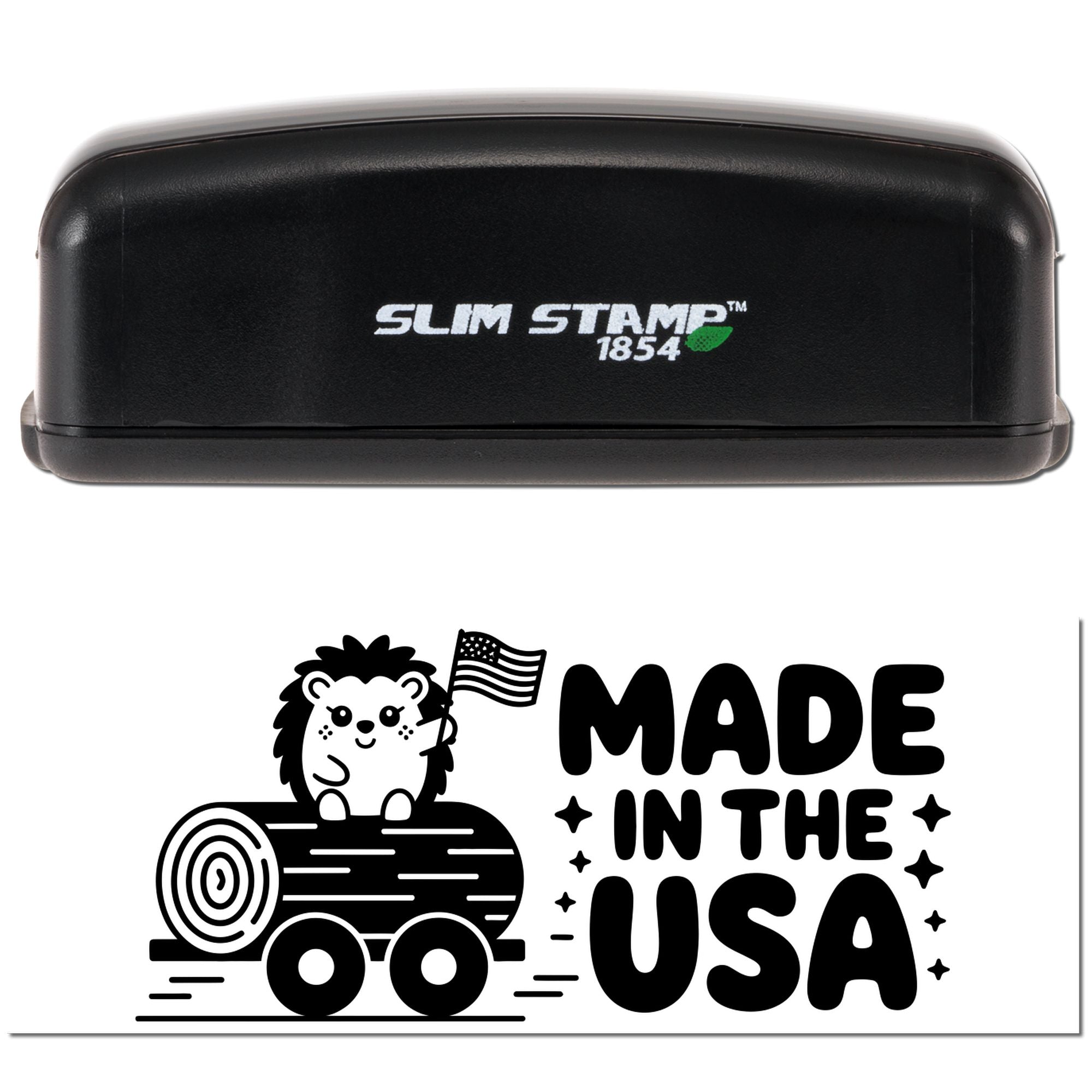 Custom self-inking rubber stamp with hedgehog and Made in the USA design for handmade product branding