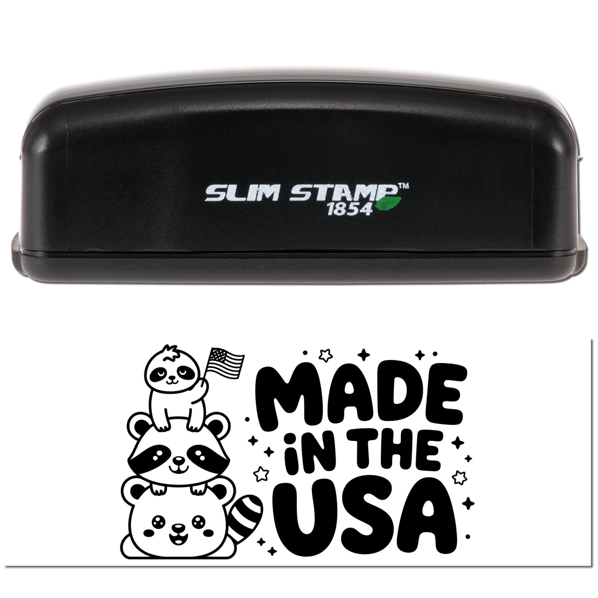 Self-inking Slim Stamp 1854 rubber stamp showing a cute Made in the USA animal design imprint.