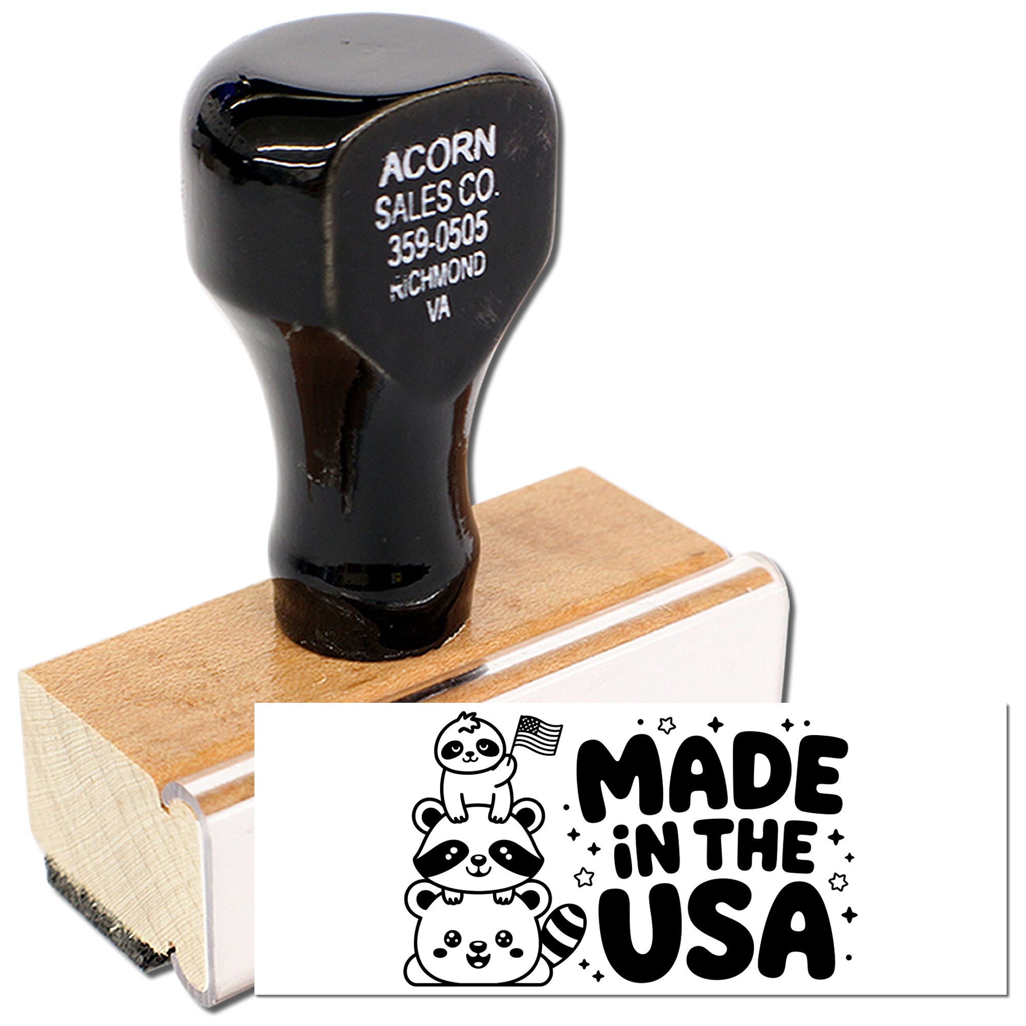 Custom rubber stamp with wooden handle and Made in the USA design, ideal for branding packaging and product labeling.