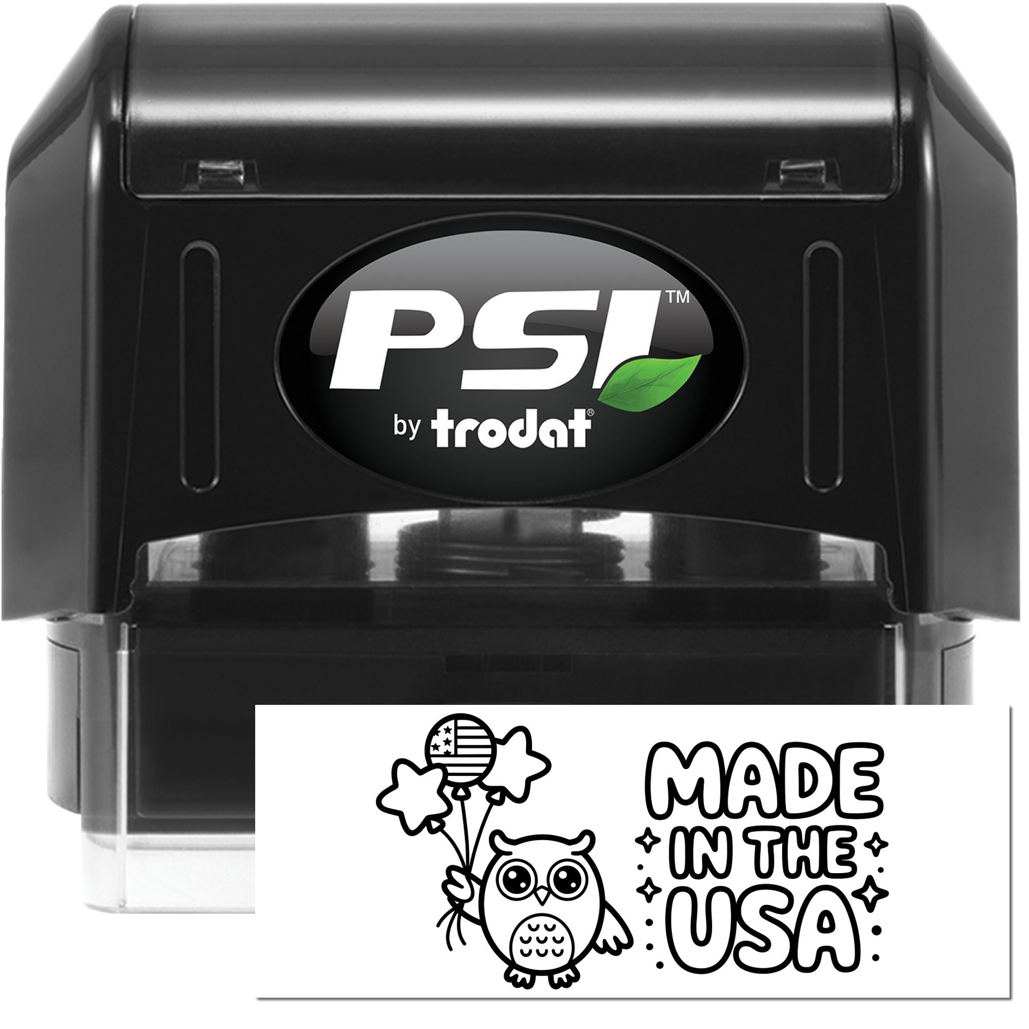 PSI by Trodat self-inking rubber stamp showing a custom Made in the USA owl design imprint sample