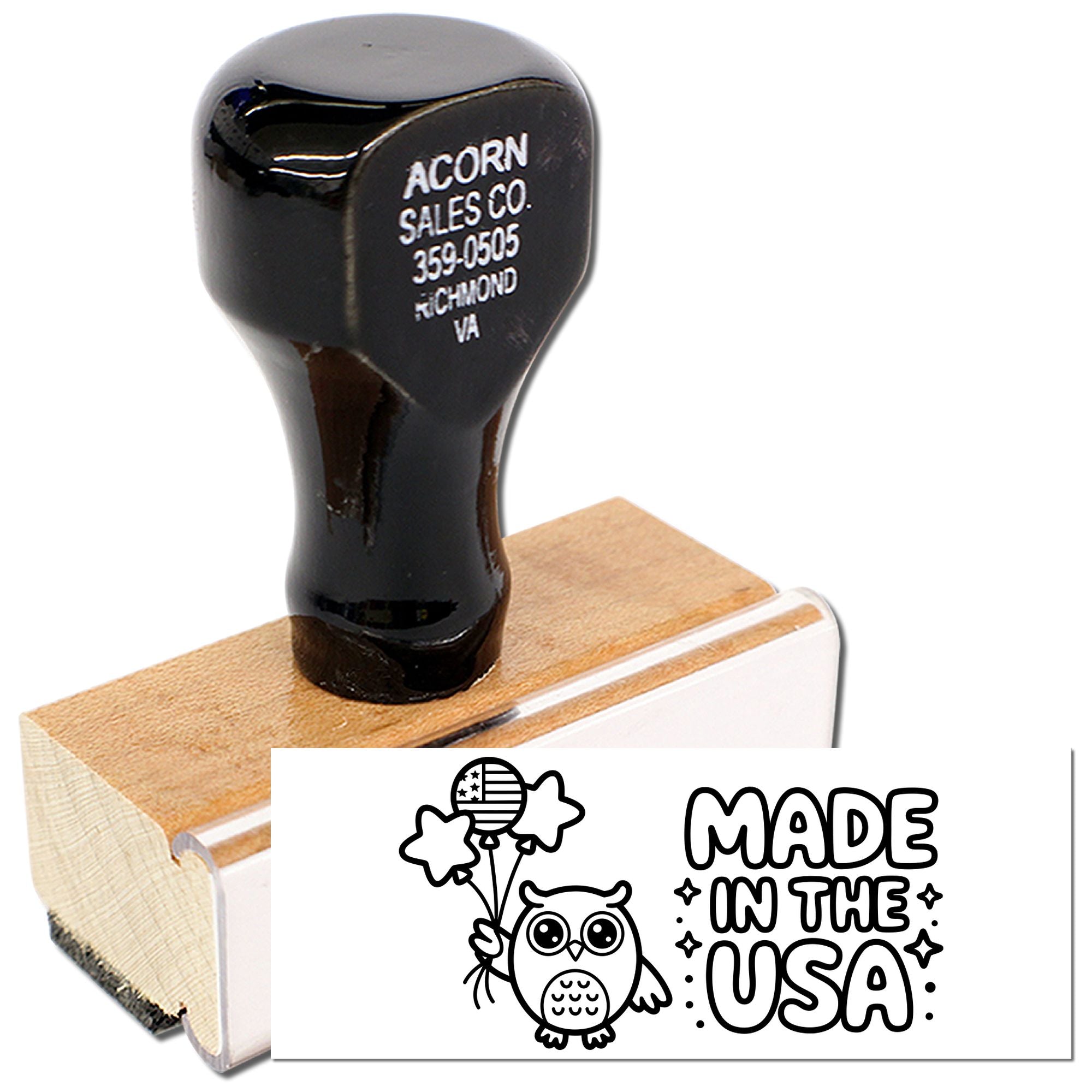 Custom rubber stamp with owl and balloons, featuring Made in the USA artwork for craft branding and packaging.