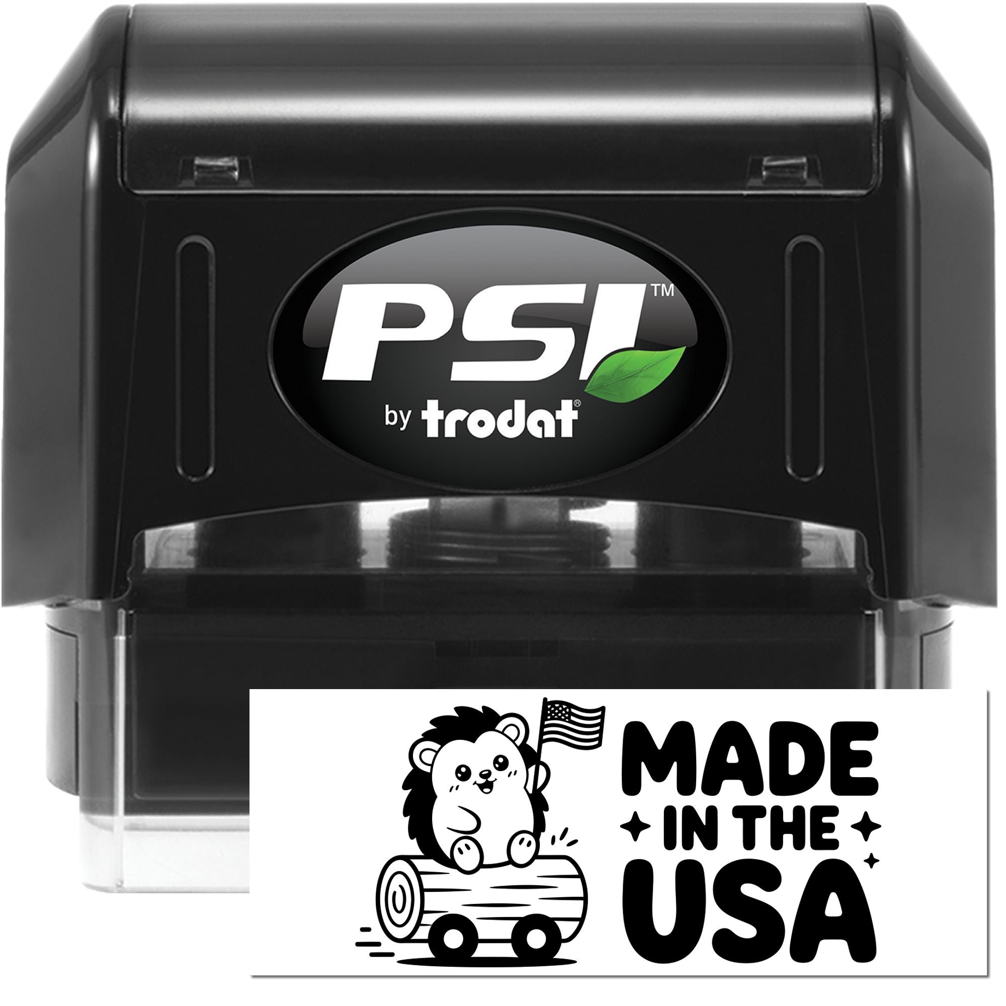 PSI by Trodat self-inking rubber stamp with Made in the USA design for custom product and packaging marking