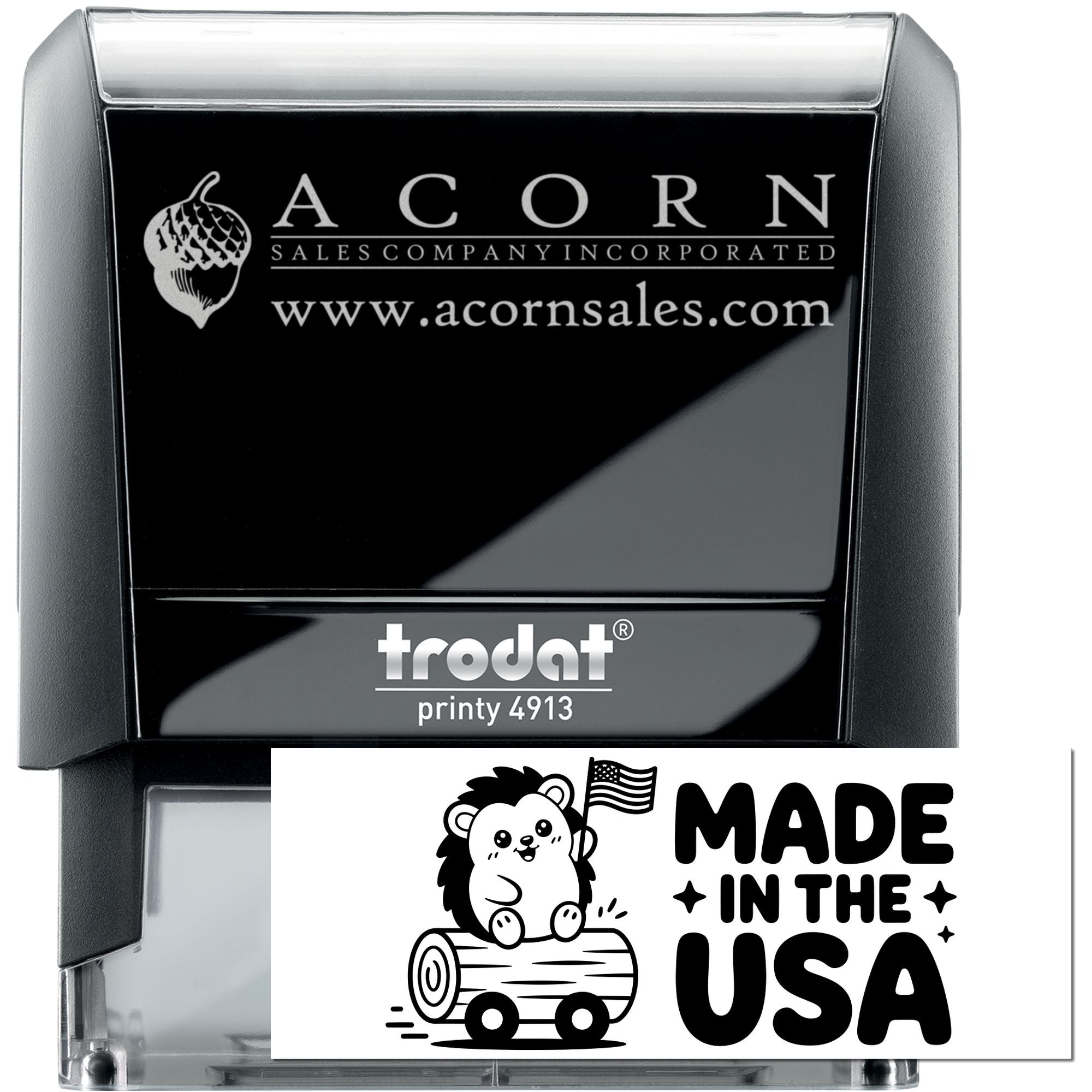 Custom self-inking rubber stamp for Acorn Sales Company, featuring logo, website, and Made in the USA imprint.