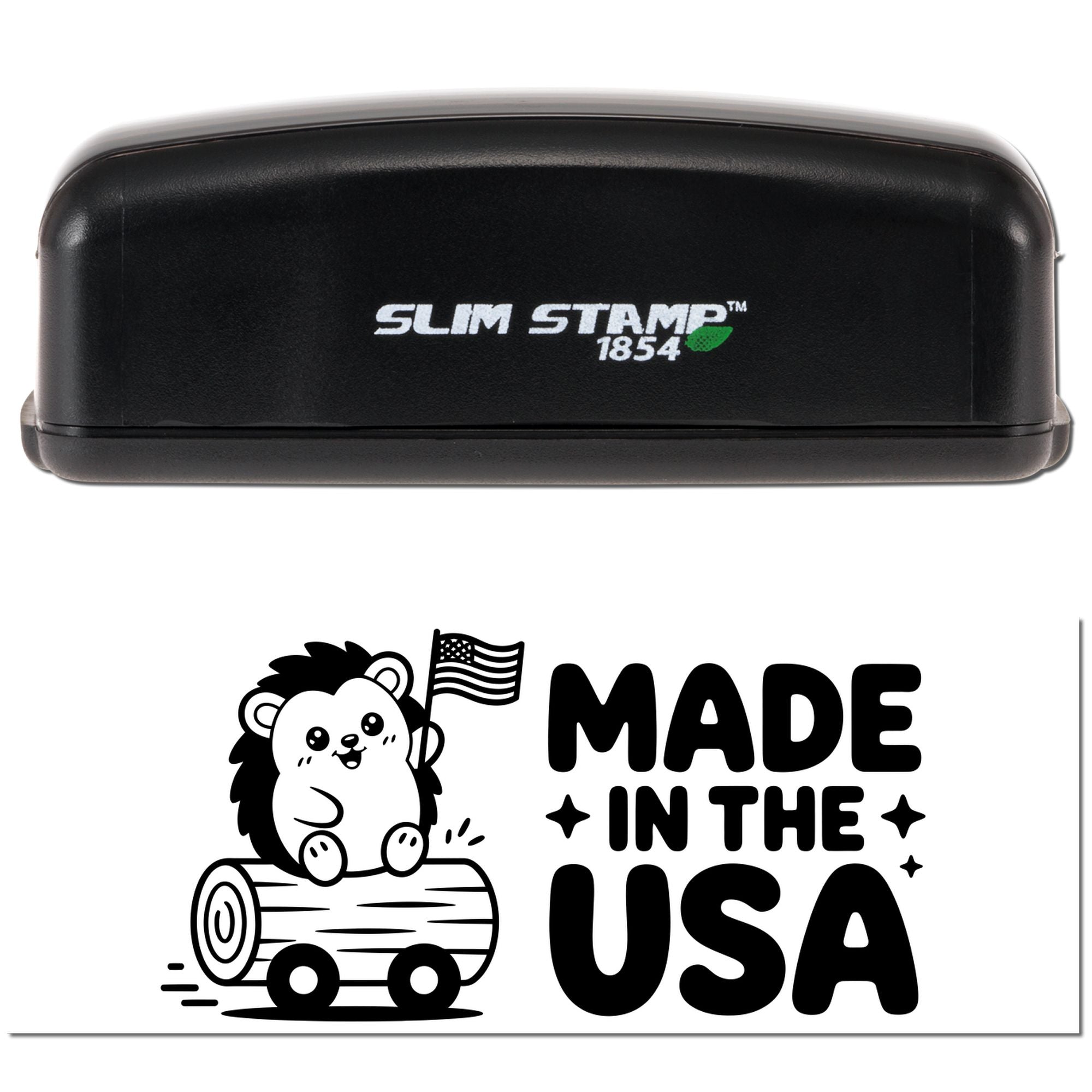 Slim Stamp 1854 self-inking rubber stamp with Made in the USA bear artwork for patriotic product branding and packaging