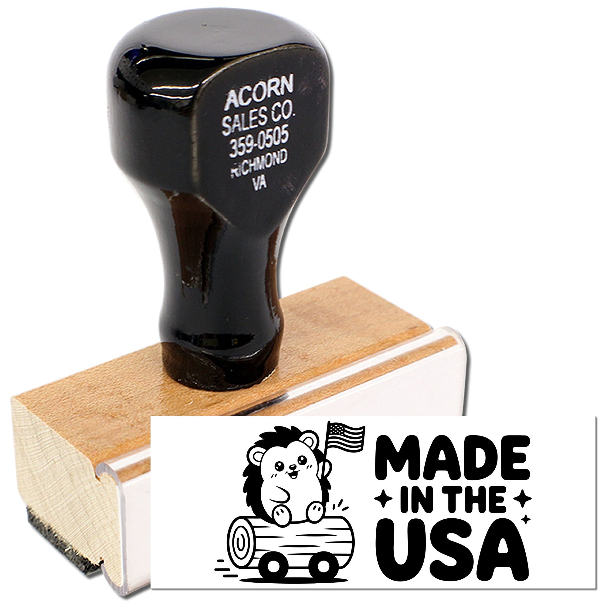 Custom wood rubber stamp with Made in the USA design, ideal for branding products and packaging with Acorn Sales Co. logo.