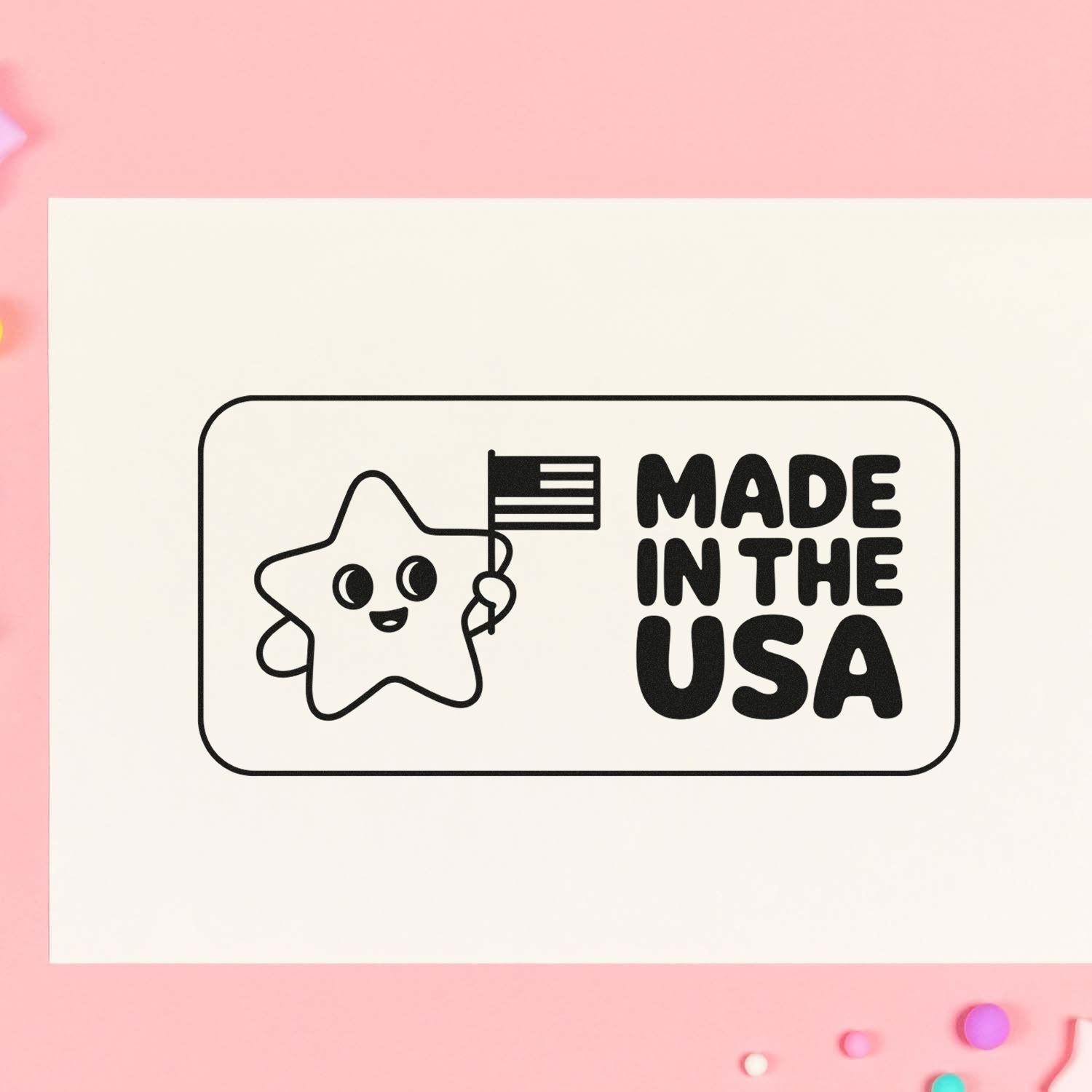 Made in the USA rubber stamp design with a cute star holding an American flag for patriotic branding.