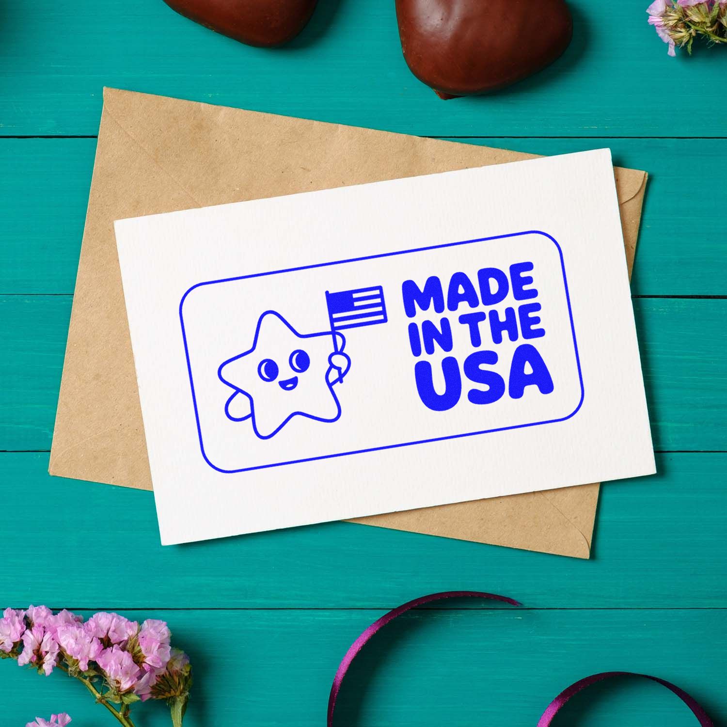 Made in the USA rubber stamp design on a card, perfect for patriotic packaging, crafts, and small business branding.