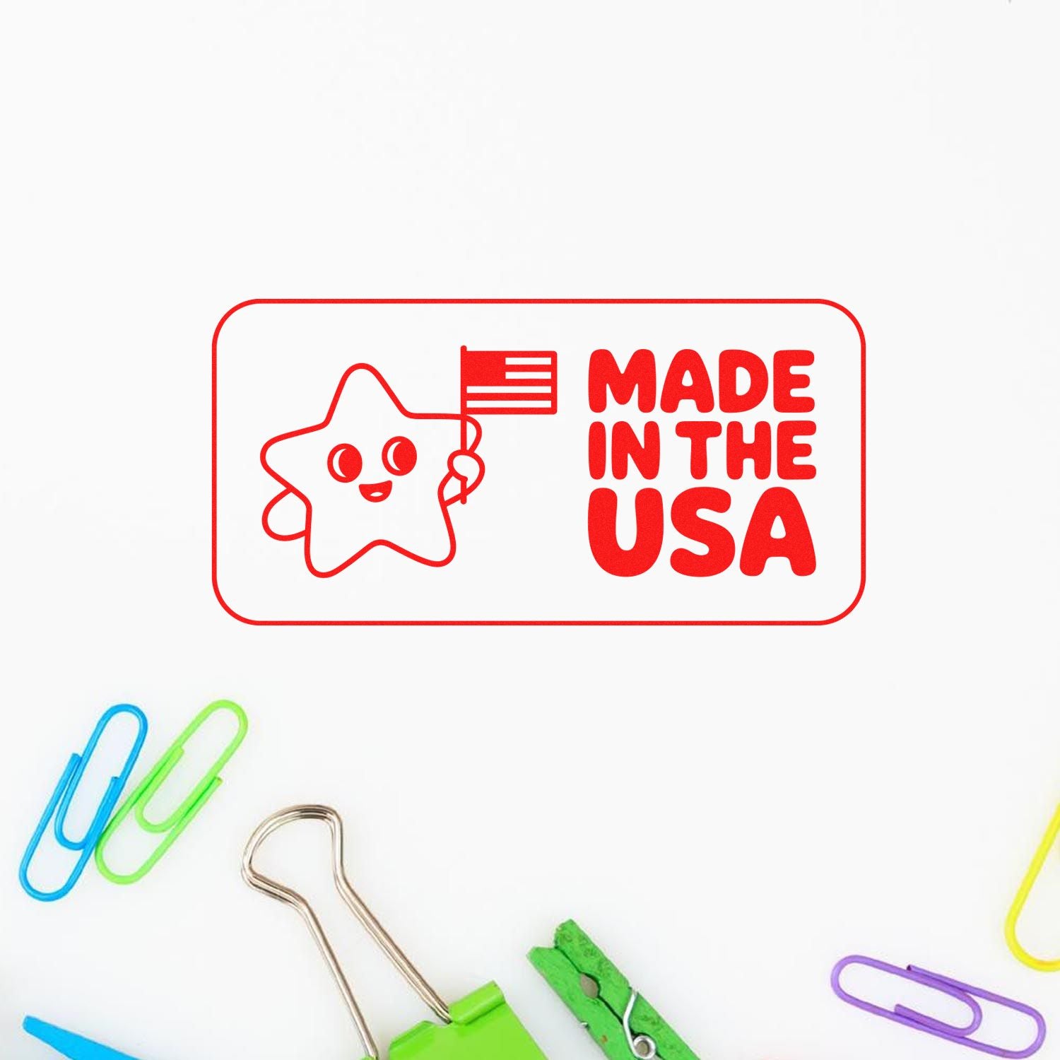 Made in the USA rubber stamp with star and flag design, red imprint on white background, ideal for packaging and branding.