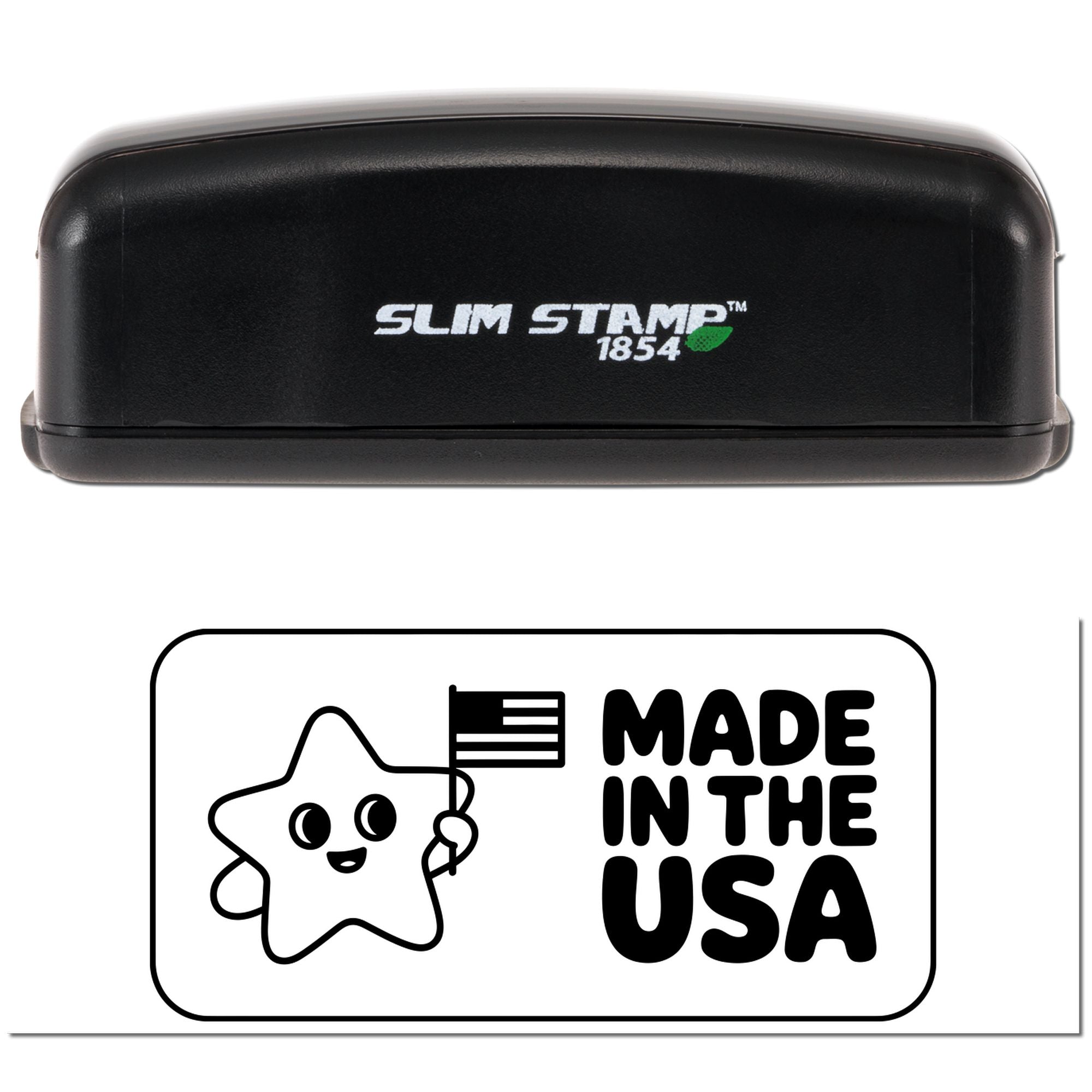 Slim Stamp 1854 self-inking rubber stamp with Made in the USA star design for custom patriotic branding.