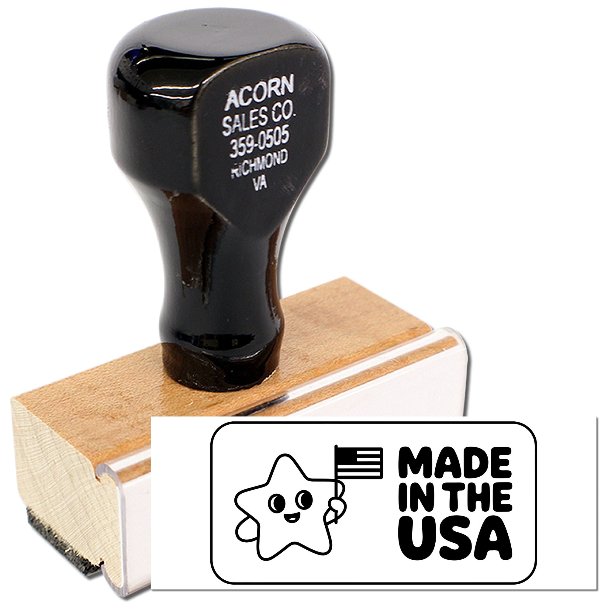 Custom Made in USA rubber stamp with wooden handle and star logo for product branding