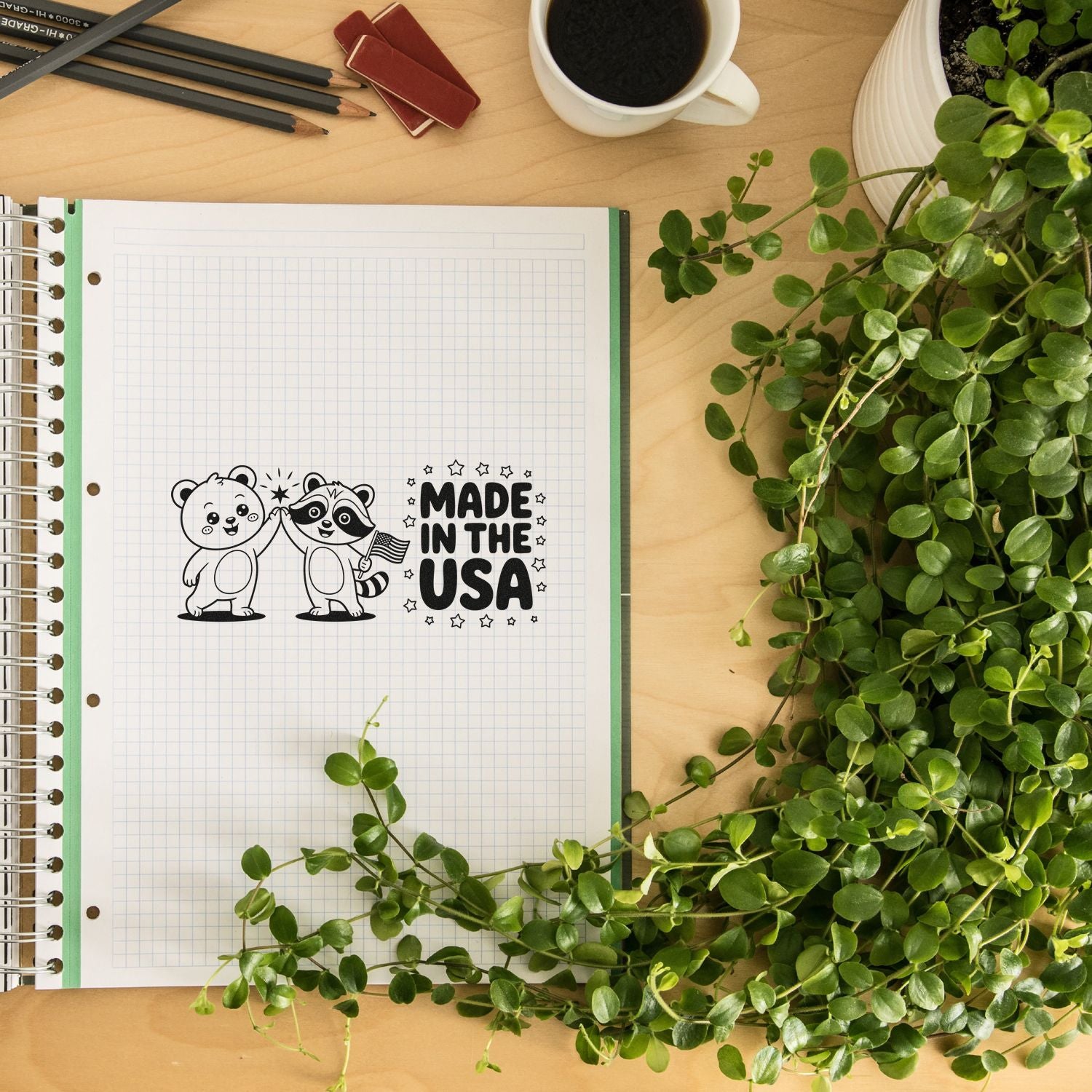 Custom Made in the USA rubber stamp impression in a planner, with a bear and raccoon high-five design.