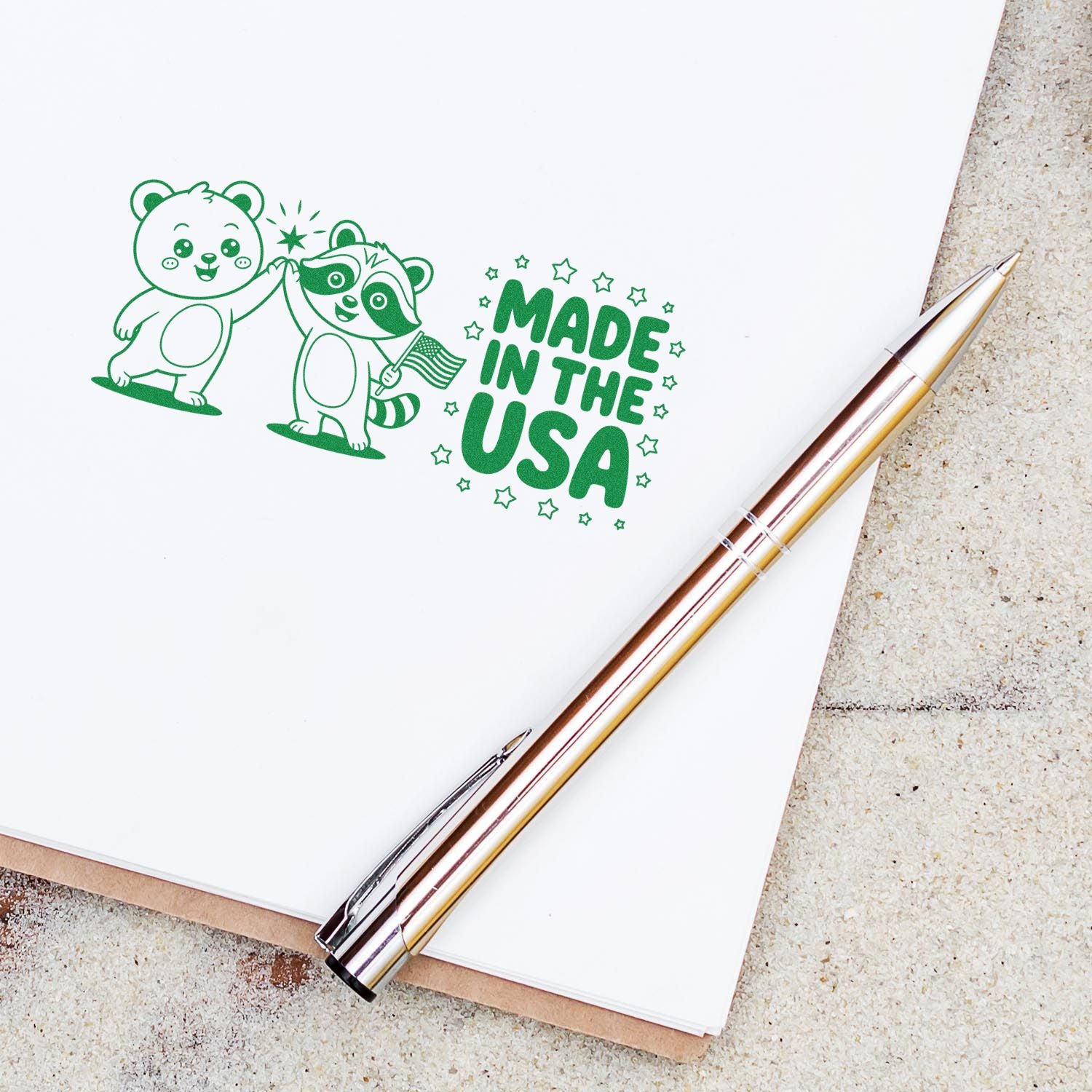 Made in the USA rubber stamp design with cute bear mascots, ideal for custom patriotic packaging and stationery.