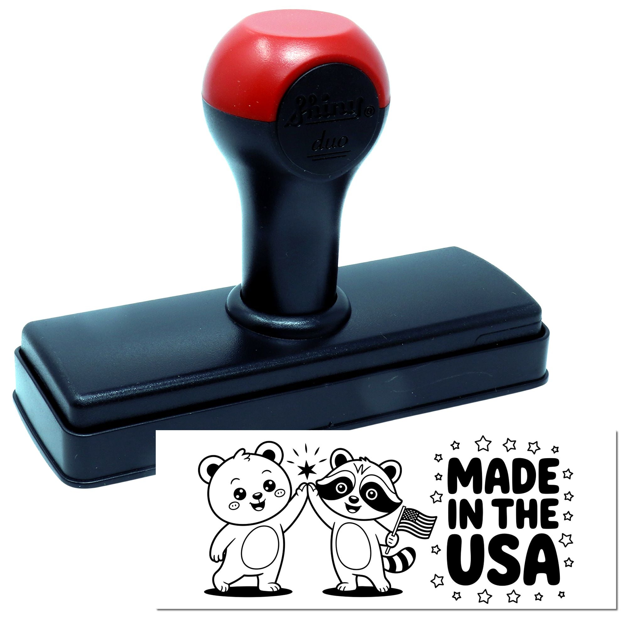 Made in the USA self-inking rubber stamp with cartoon animal high-five design for custom craft and business stamping.