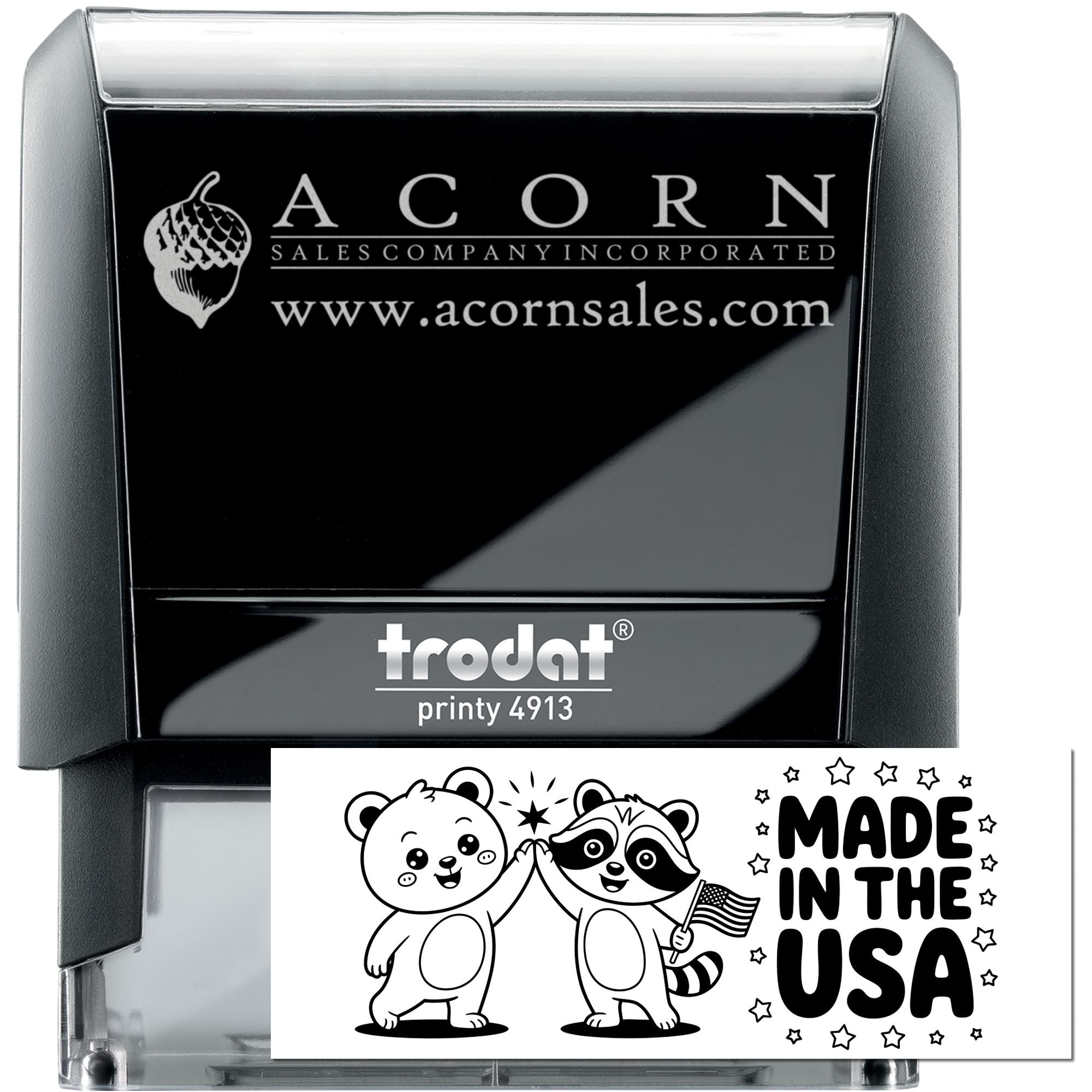 Custom self-inking rubber stamp, Trodat Printy 4913, with Acorn Sales logo and Made in the USA design.