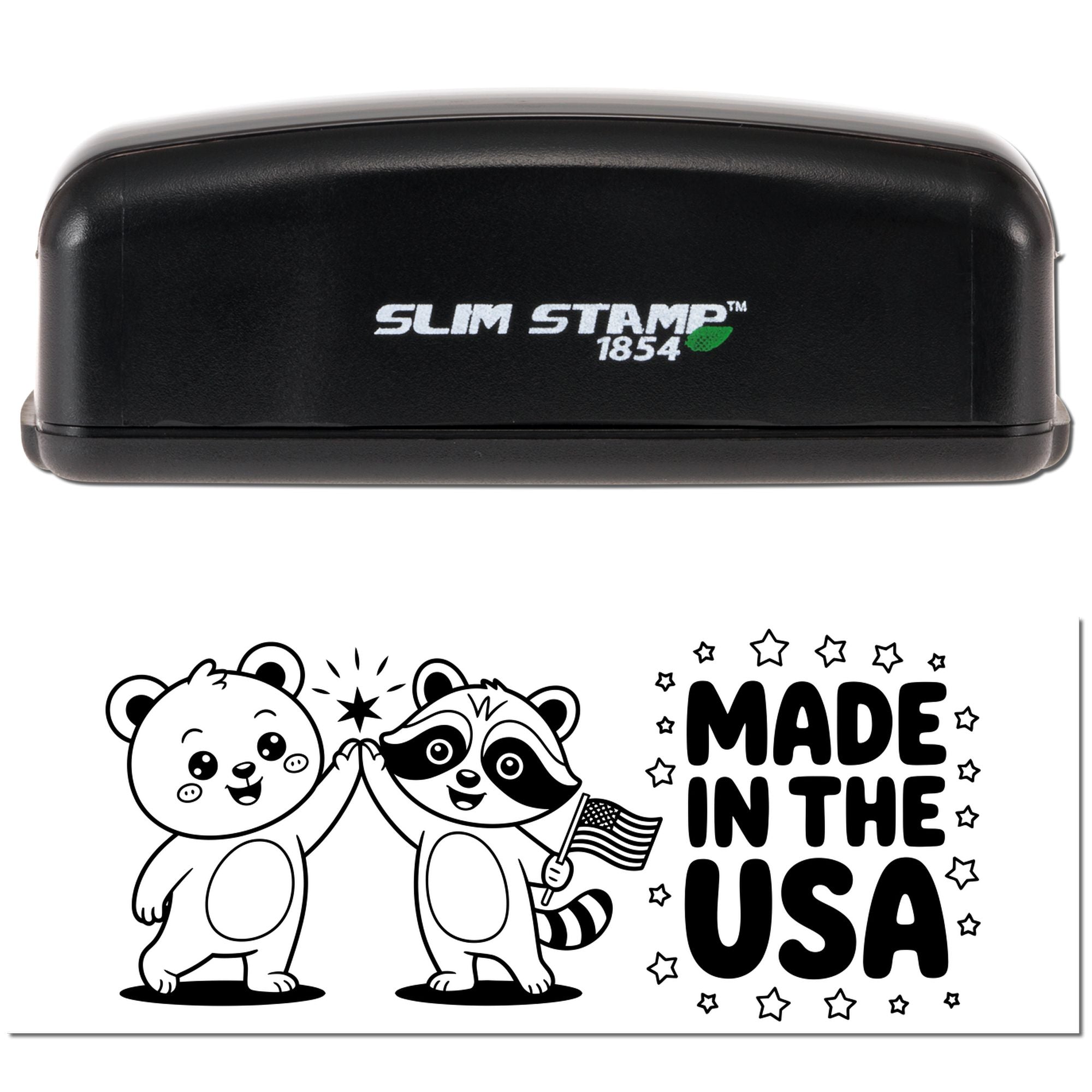 Slim Stamp 1854 self-inking rubber stamp with Made in the USA imprint and cute animal high-five design.
