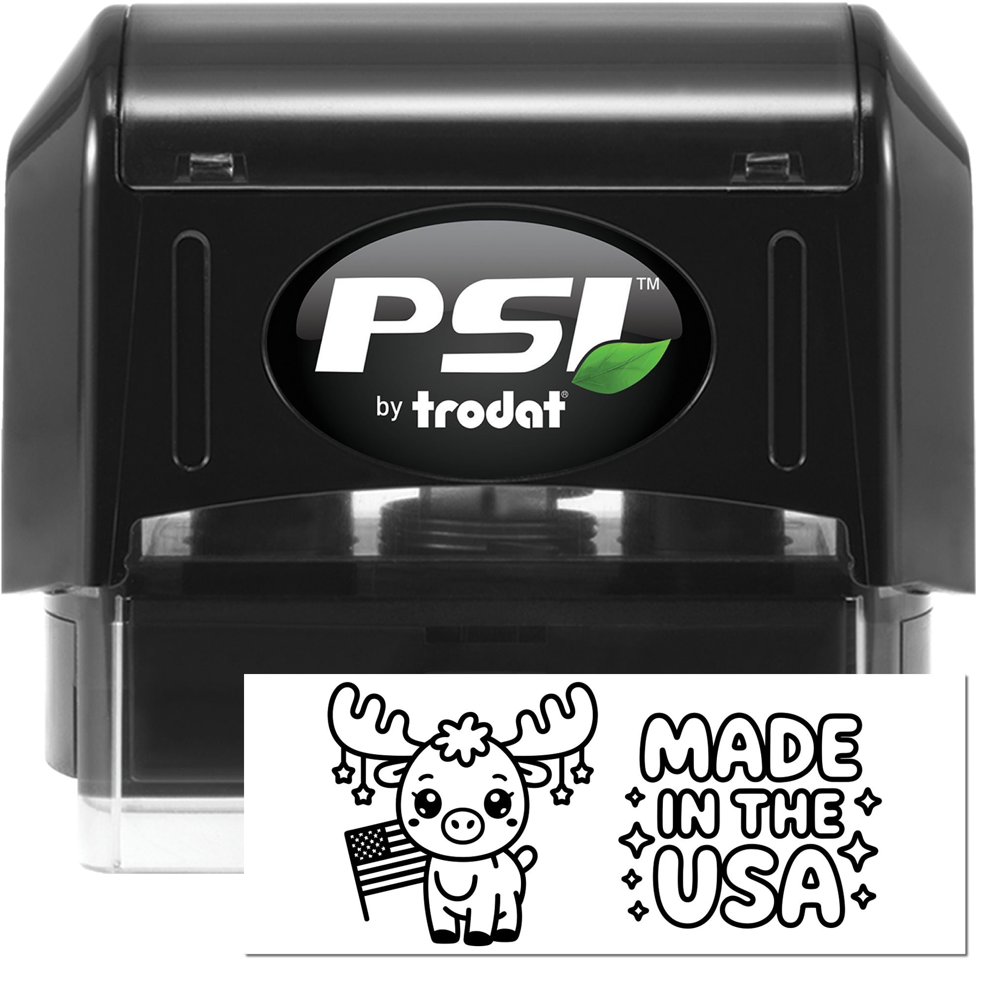 PSI by Trodat self-inking rubber stamp with custom Made in the USA moose design for business branding and packaging.