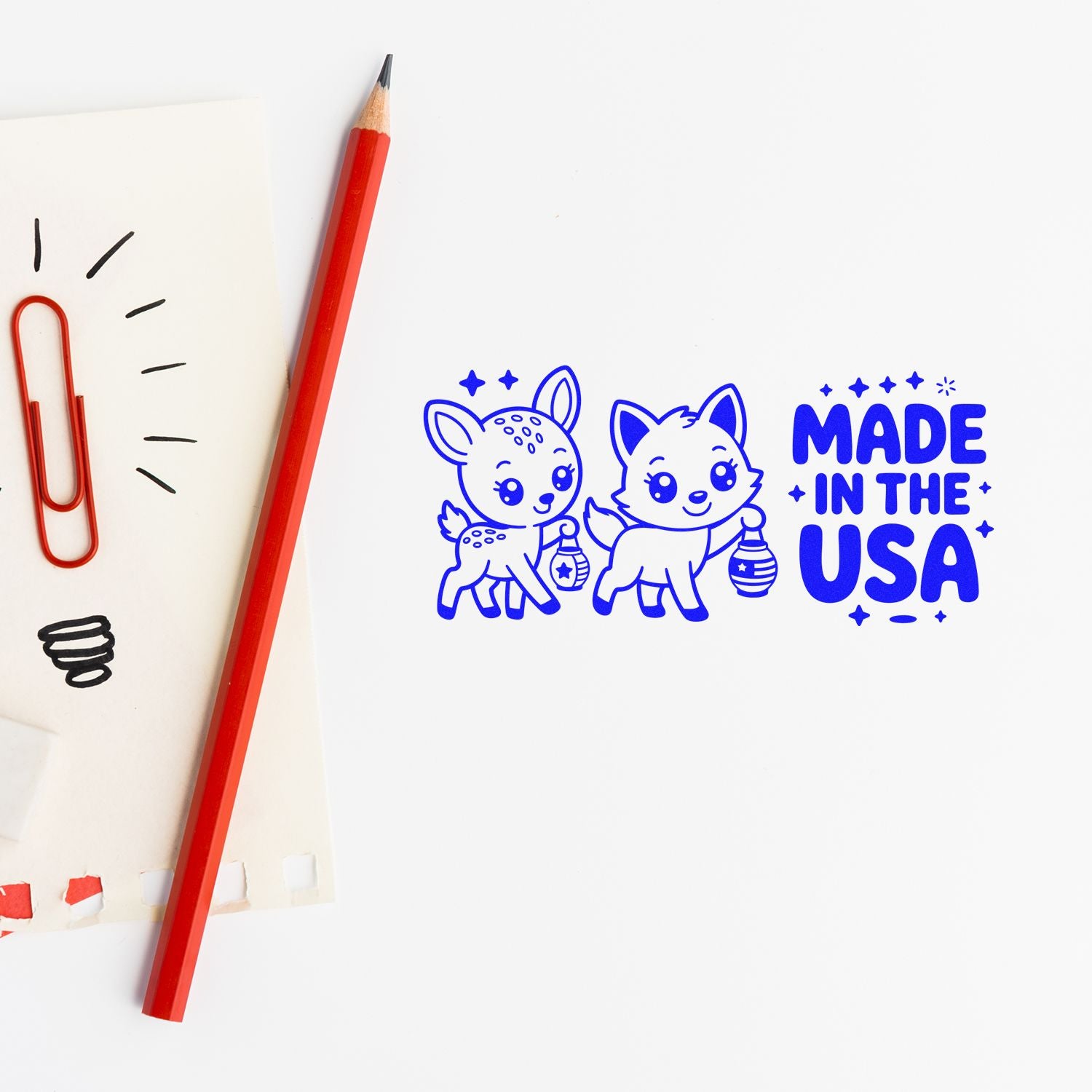 Custom rubber stamp design proof with cute deer and fox, Made in the USA stamp artwork, beside pencil sketch and notes.