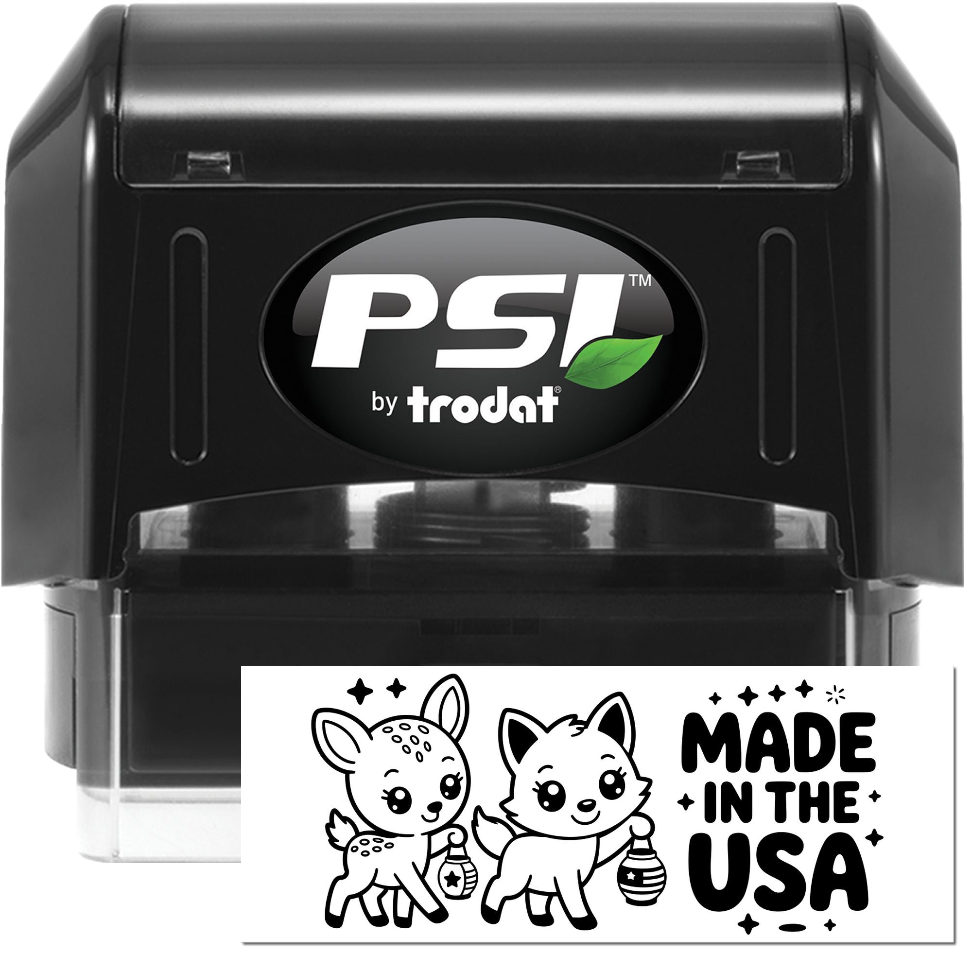 PSI by Trodat self-inking rubber stamp featuring a Made in the USA deer and fox design for product branding.