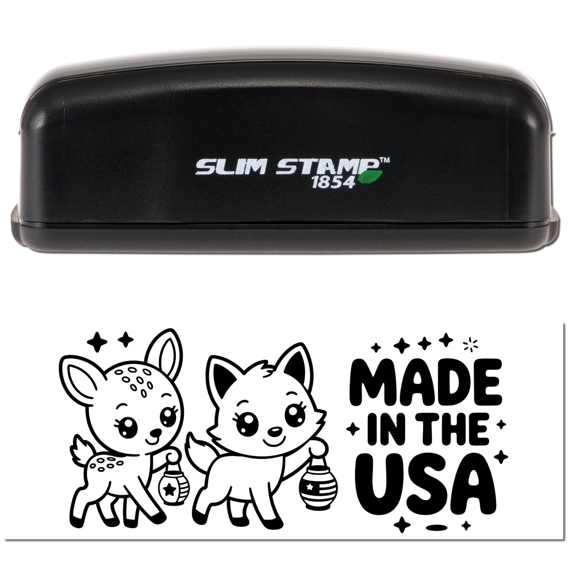 Slim Stamp 1854 self-inking rubber stamp with cute deer and fox Made in the USA design.