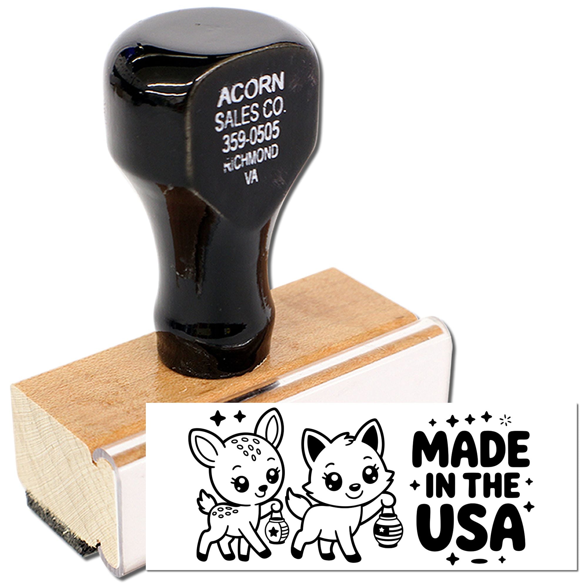 Custom wooden rubber stamp showing a Made in the USA imprint for branding, packaging, and handmade business products.