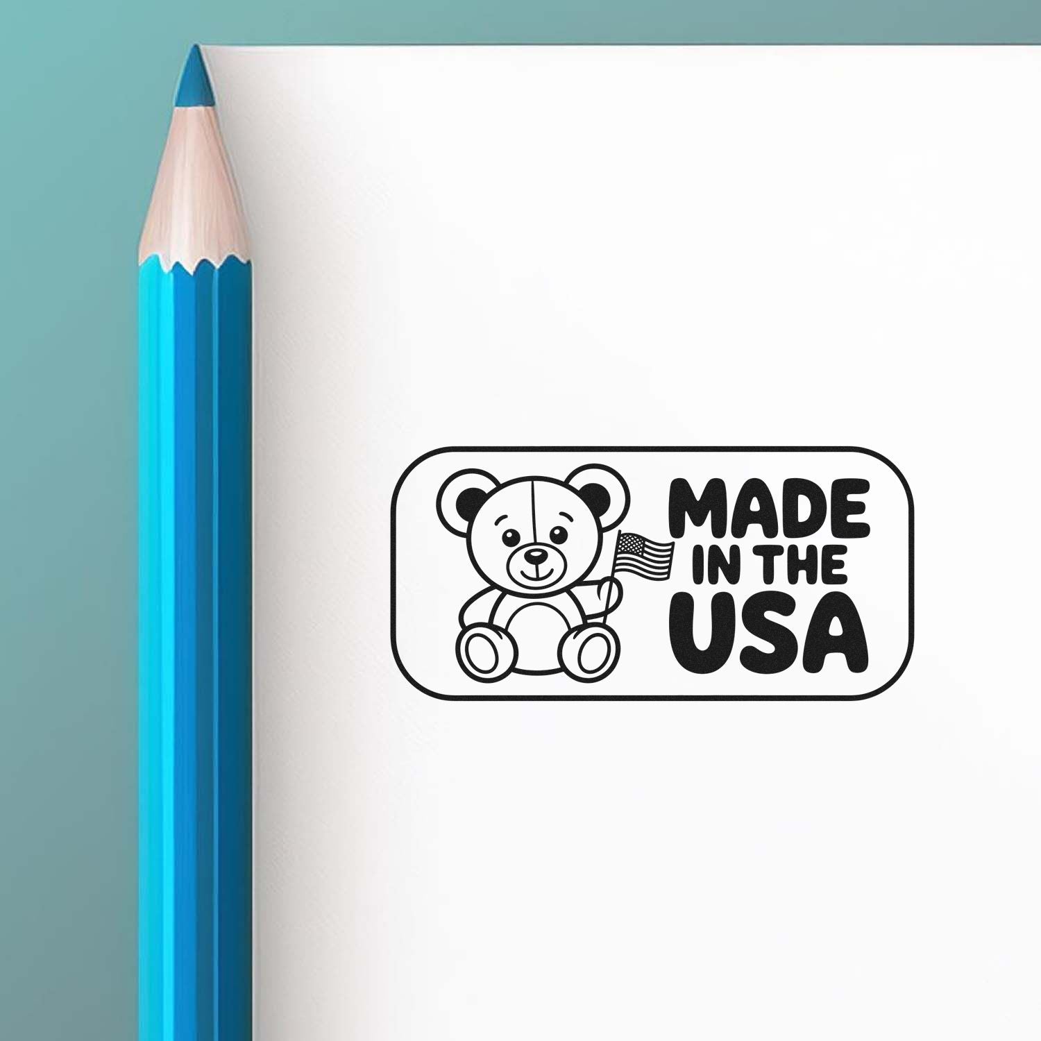 Made in the USA teddy bear rubber stamp design with American flag, ideal for patriotic crafts, packaging, and branding.